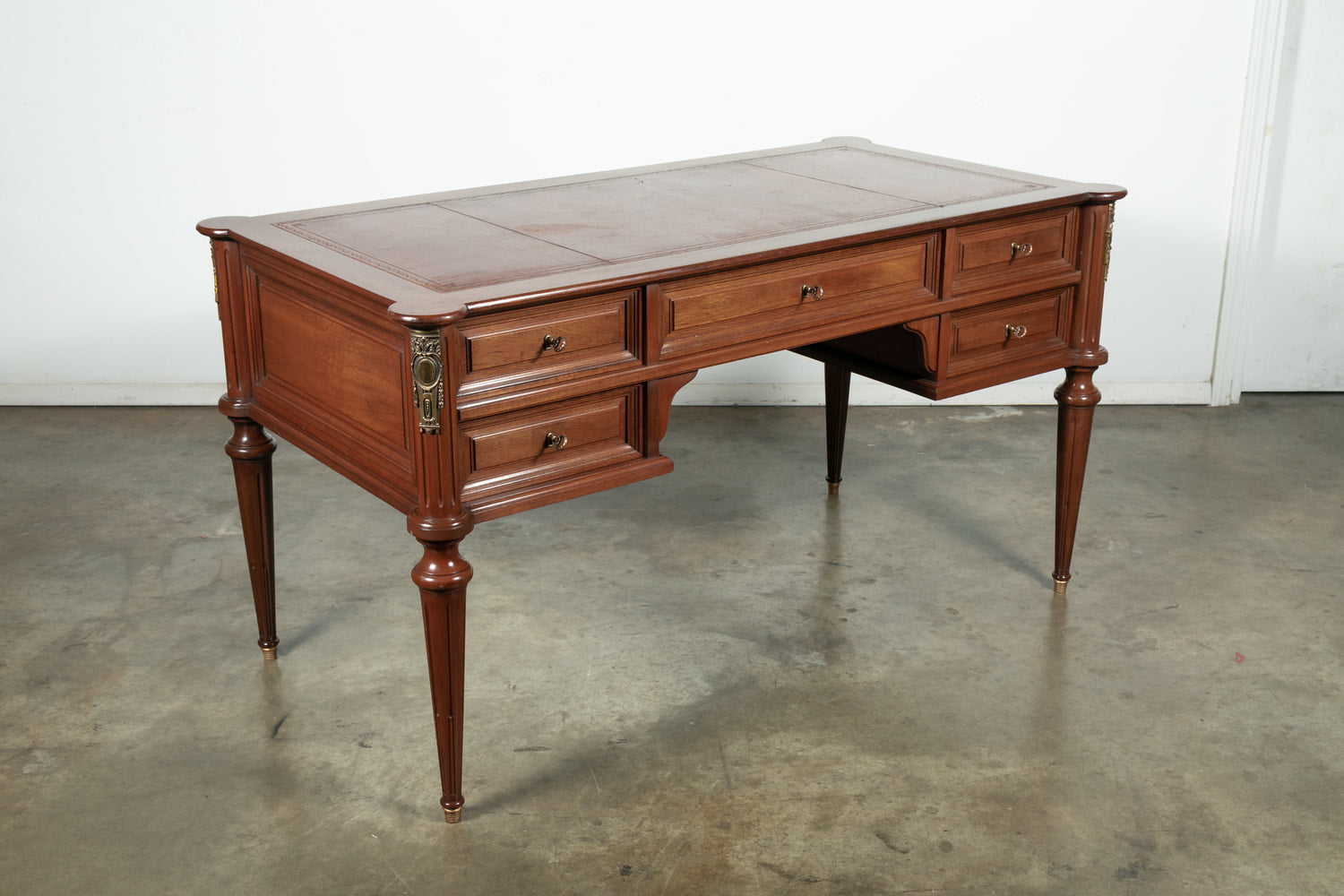 French Louis XVI Style Mahogany Bureau Plat with Tooled Leather Top 