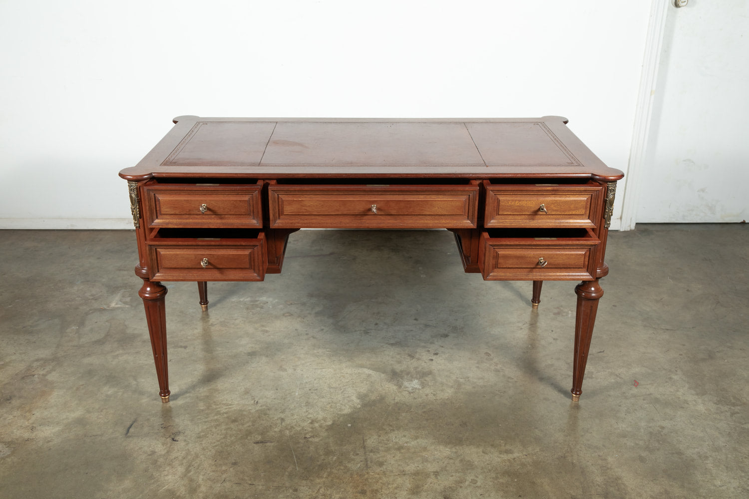 French Louis XVI Style Mahogany Bureau Plat with Tooled Leather Top 