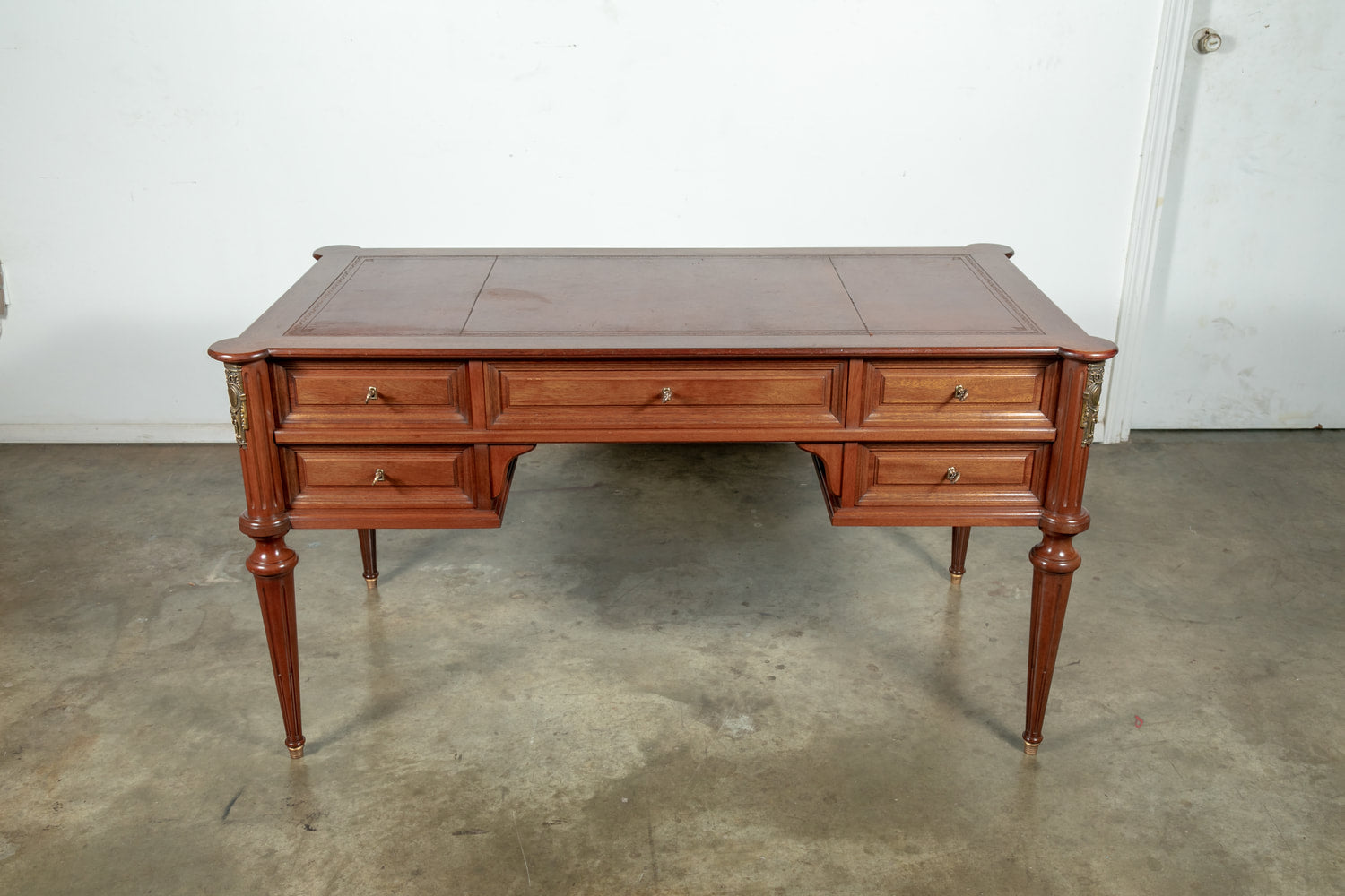 French Louis XVI Style Mahogany Bureau Plat with Tooled Leather Top 