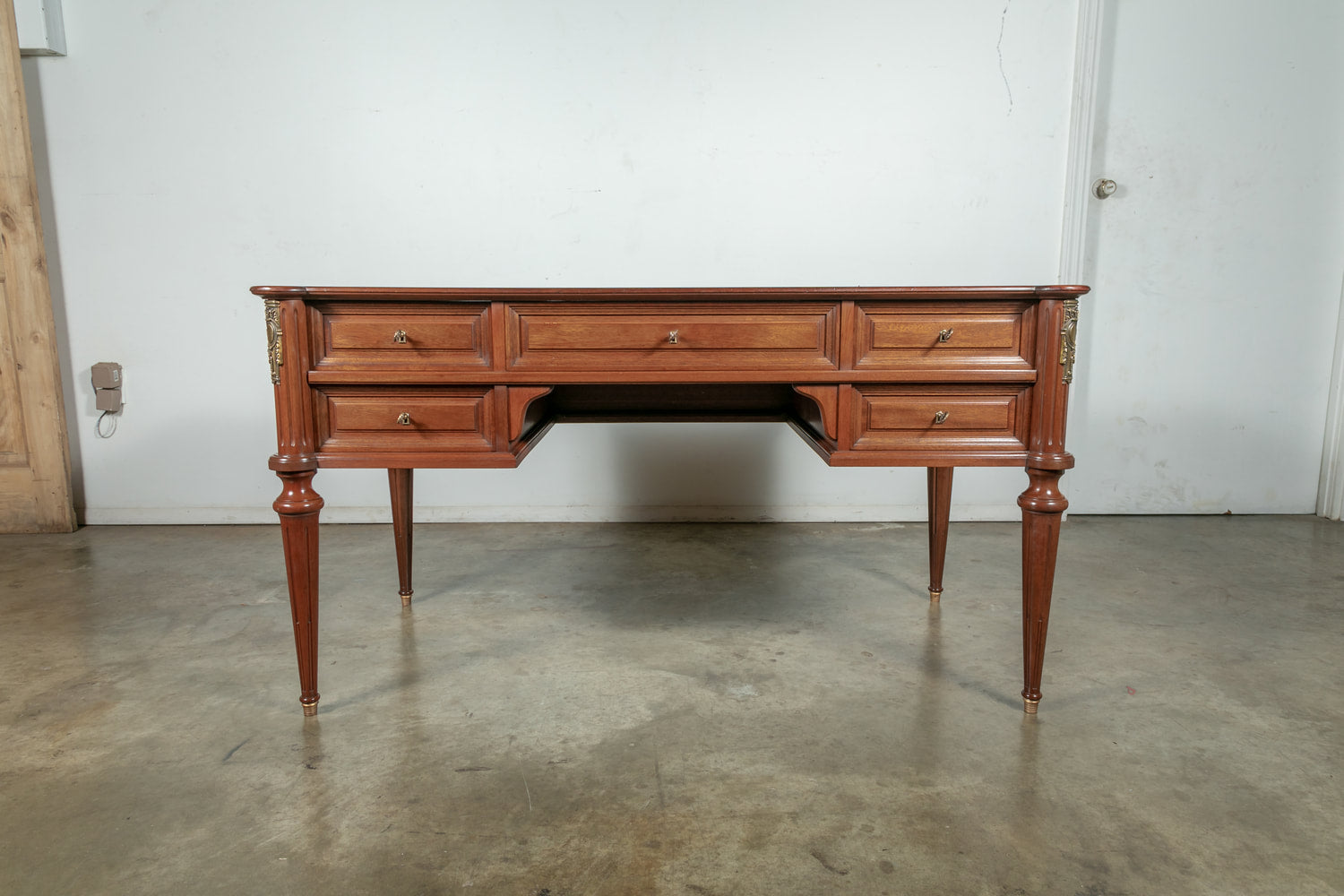 French Louis XVI Style Mahogany Bureau Plat with Tooled Leather Top 