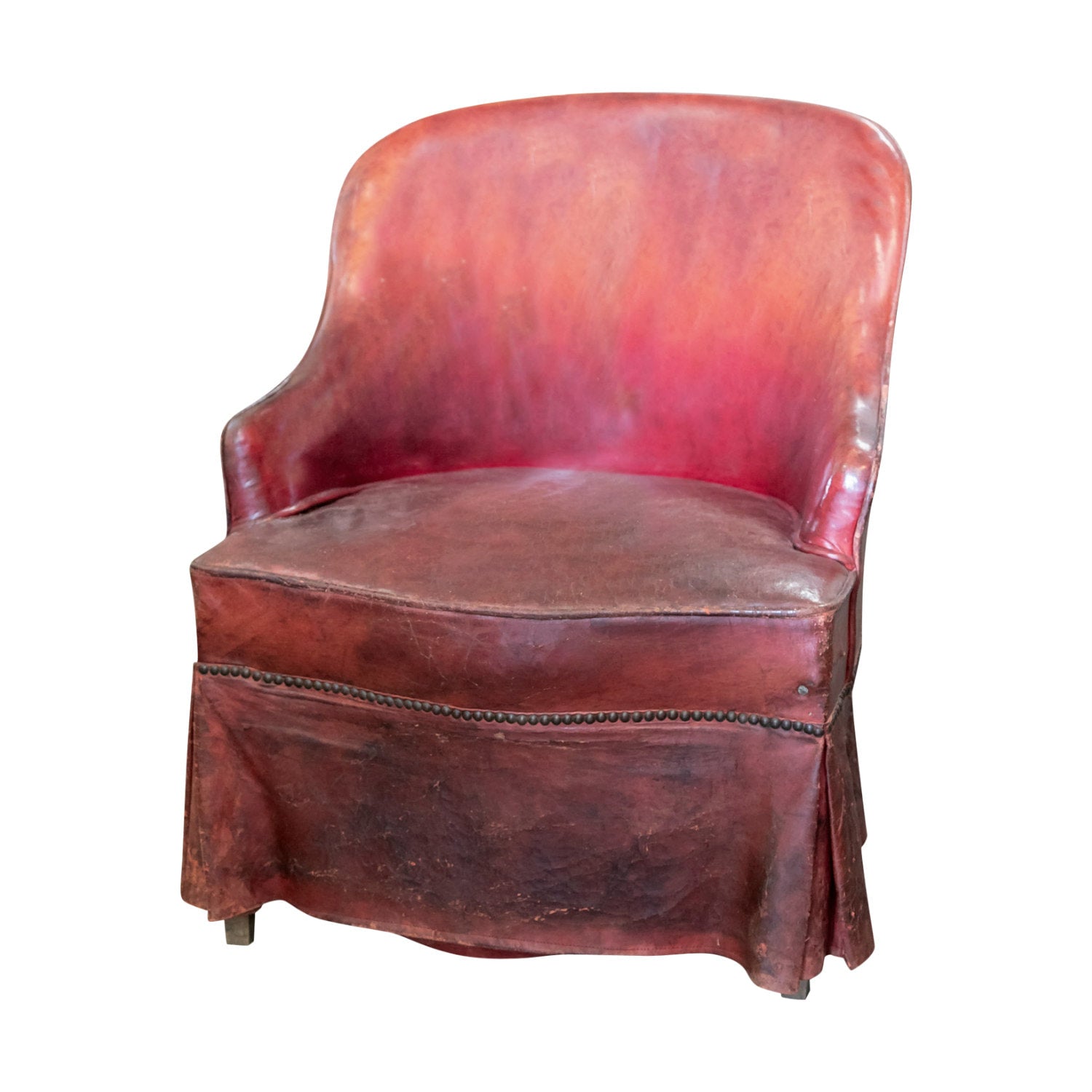 Petite French Art Deco Skirted Leather Lounge Chair 