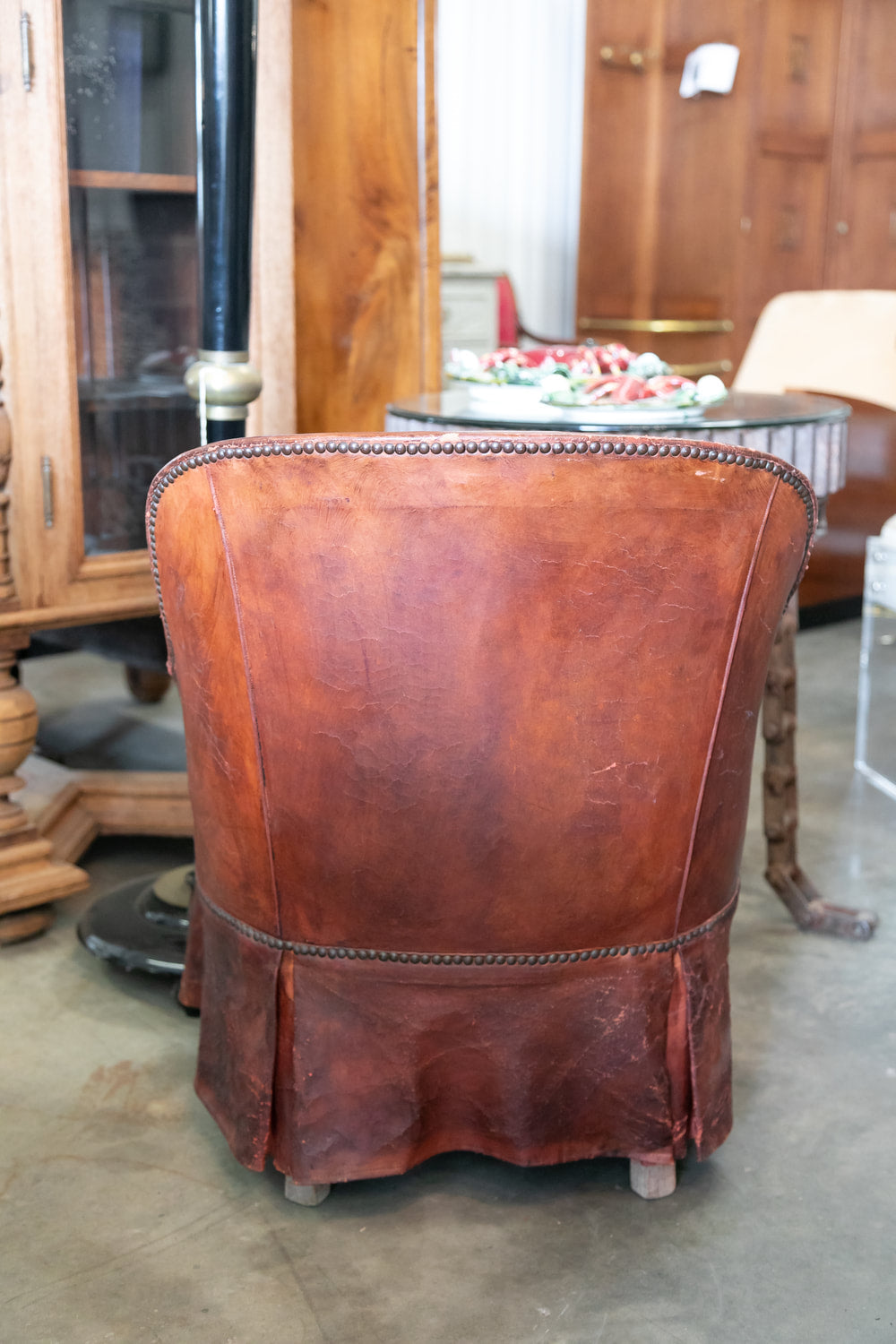 Petite French Art Deco Skirted Leather Lounge Chair 