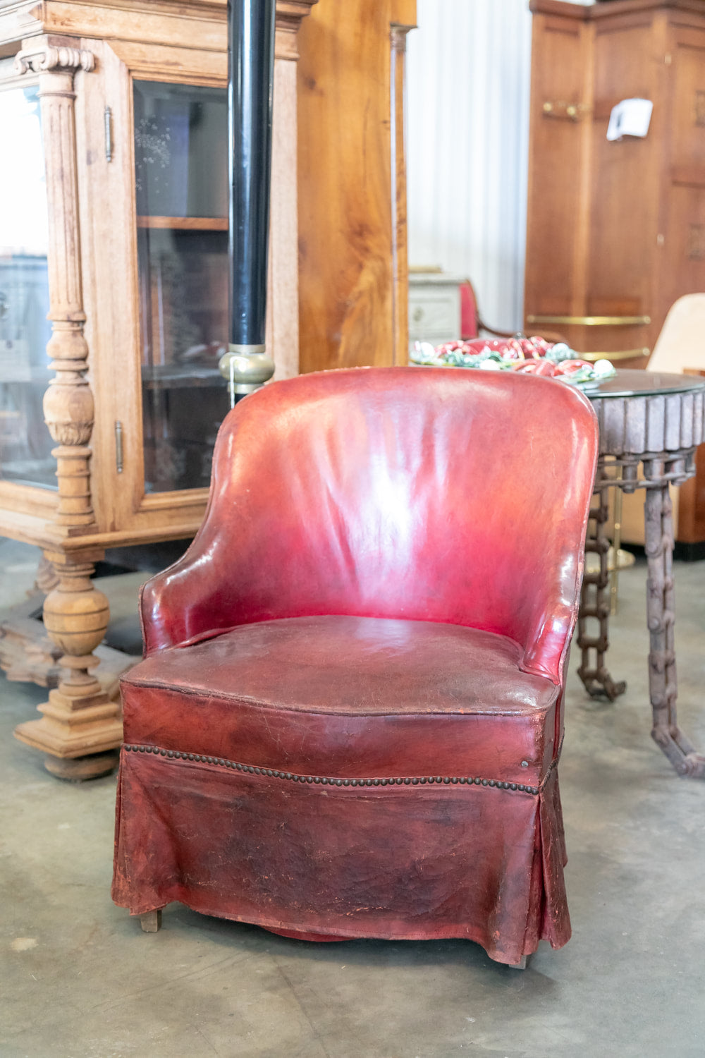 Petite French Art Deco Skirted Leather Lounge Chair 