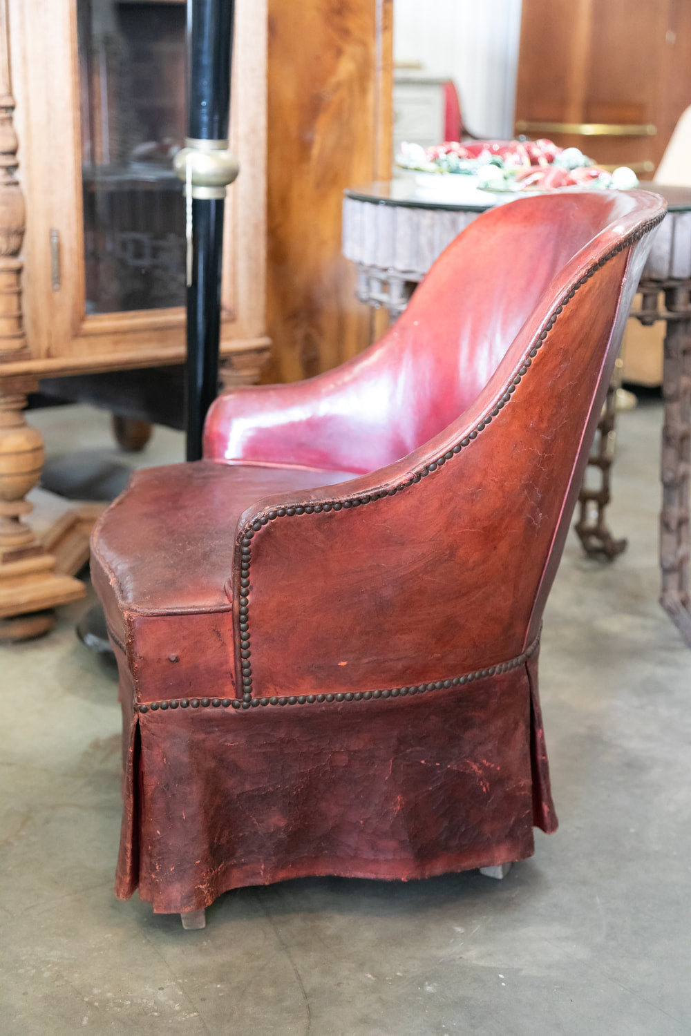 Petite French Art Deco Skirted Leather Lounge Chair 