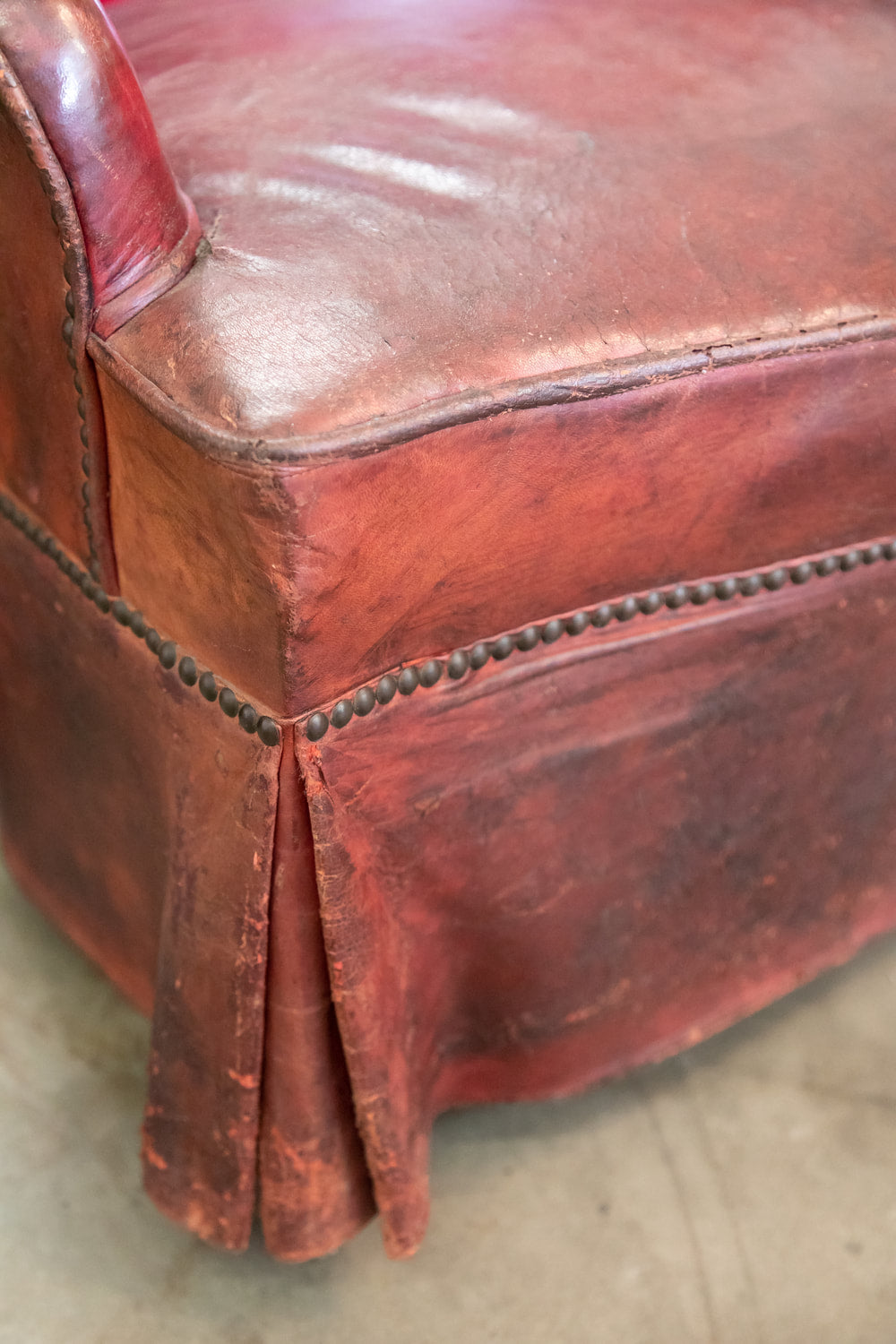 Petite French Art Deco Skirted Leather Lounge Chair 