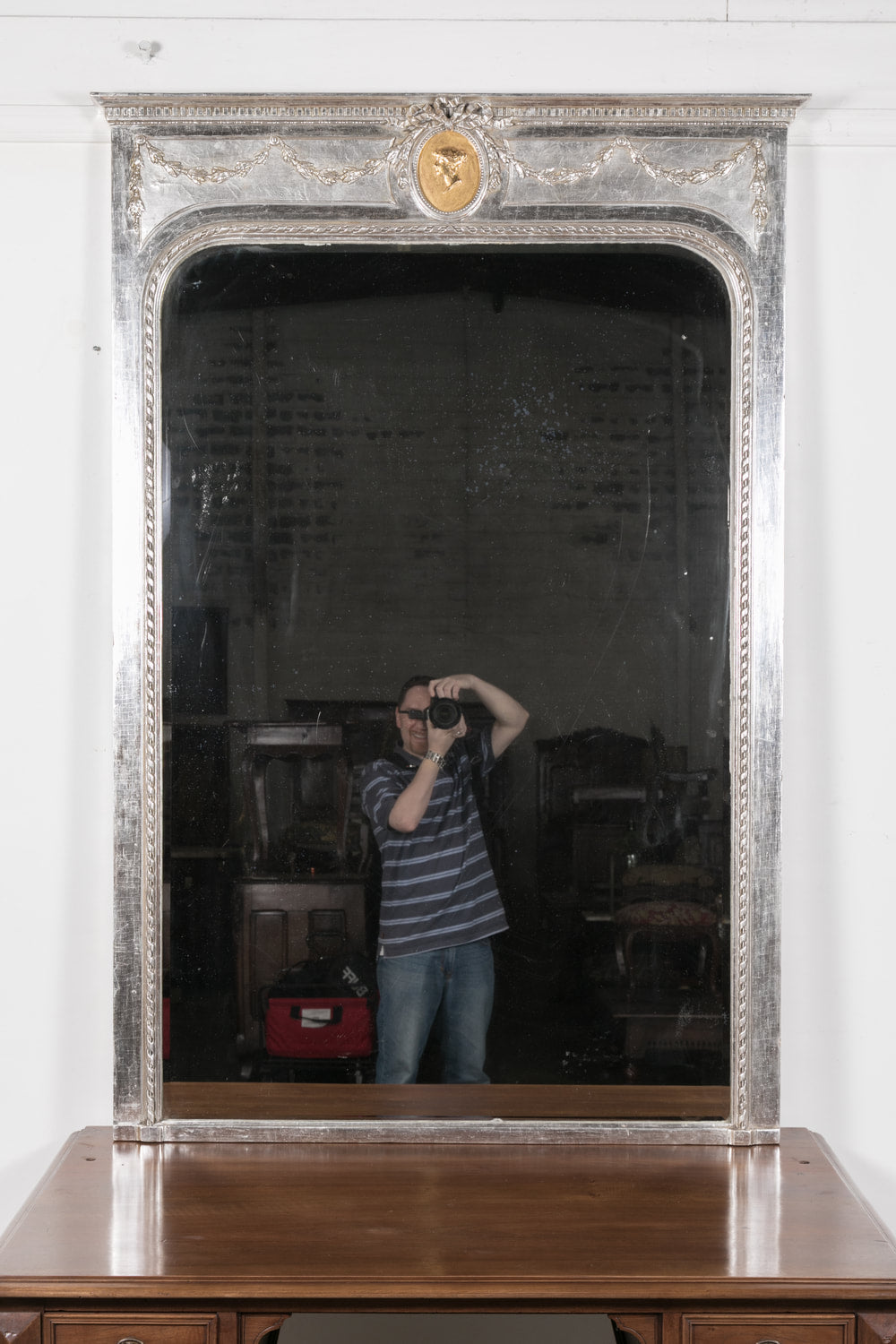 19th Century French Louis XVI Style Silver Gilt Mirror with Embedded Cameo