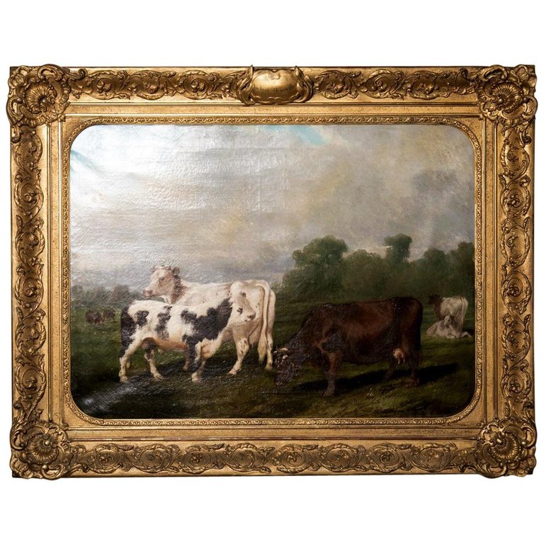Early 19th Century Framed French Cow Painting, 