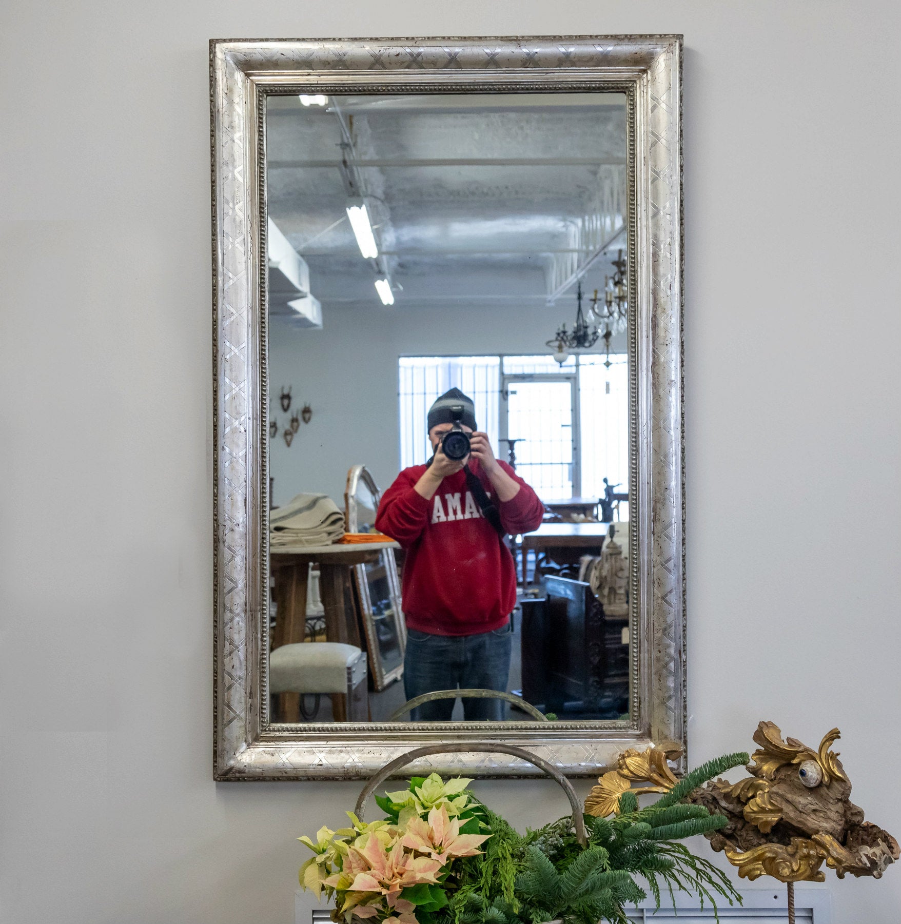 Antique French Louis Philippe Style Rectangular Silver Leaf Mirror