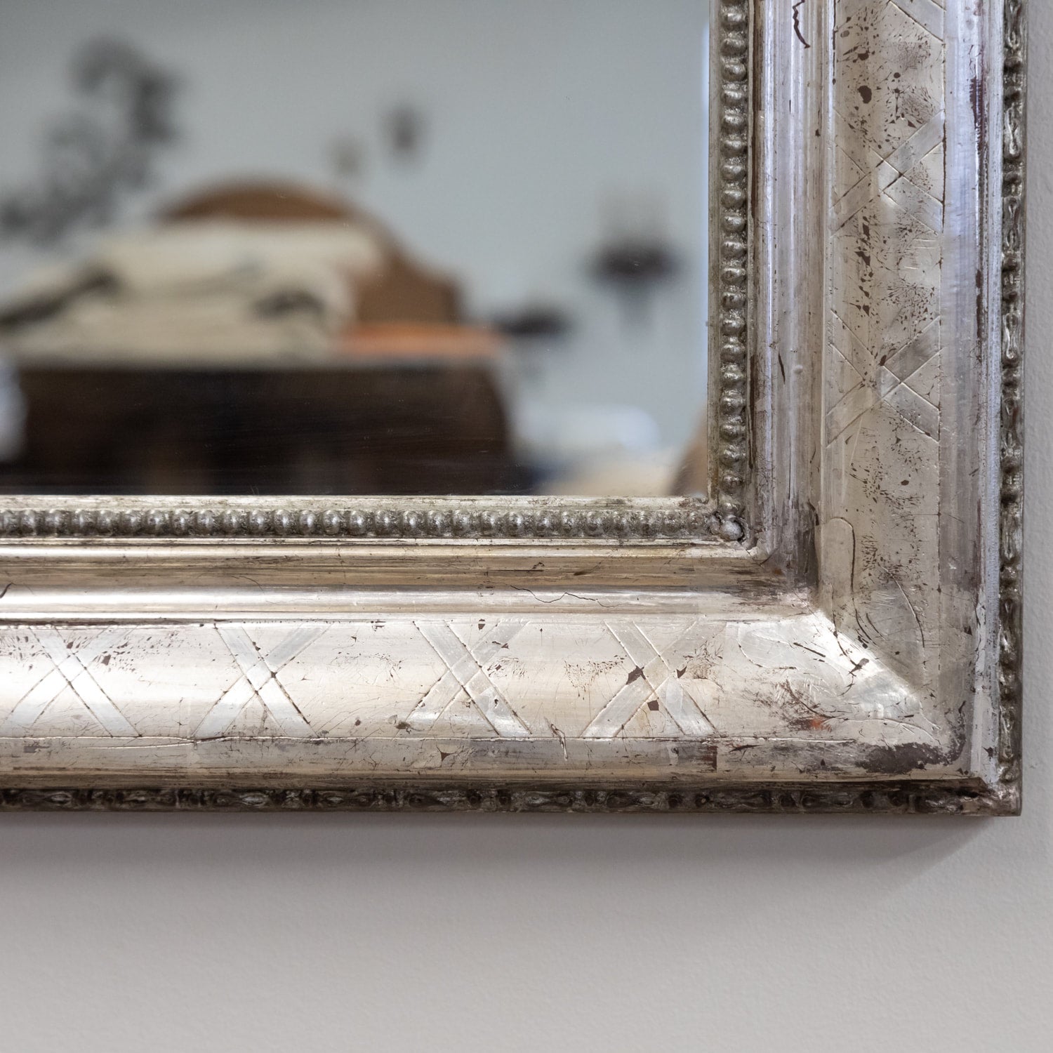 Antique French Louis Philippe Style Rectangular Silver Leaf Mirror