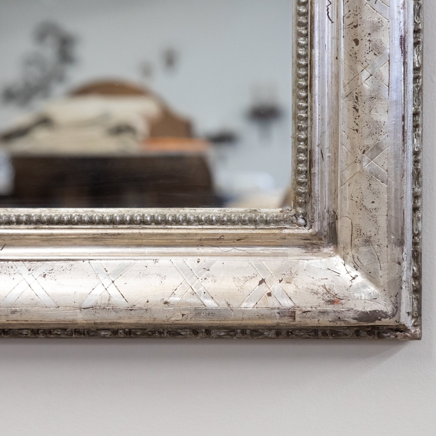 Antique French Louis Philippe Style Rectangular Silver Leaf Mirror