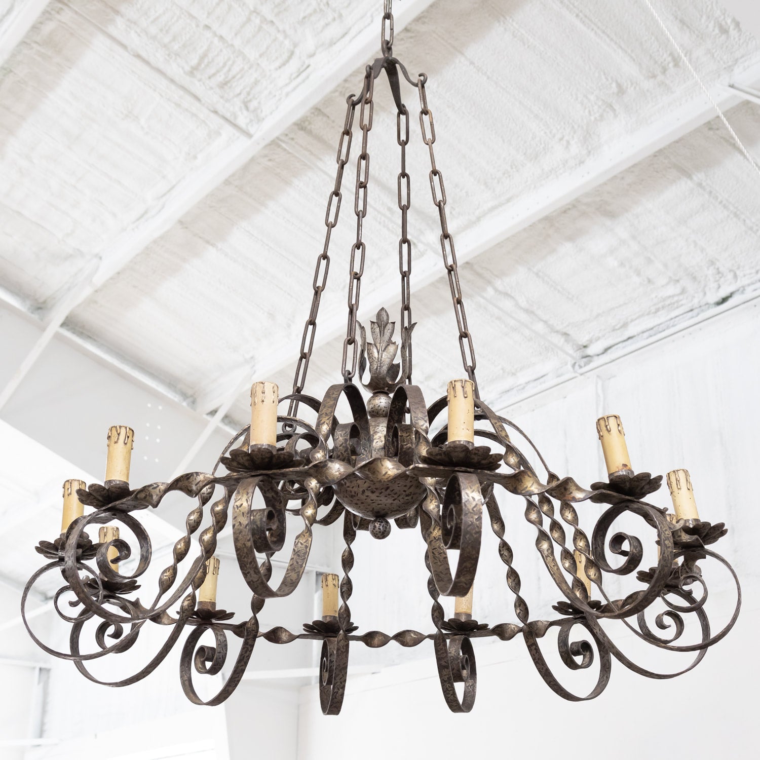 Grand Antique French Twelve-Light Wrought Iron Chateau Chandelier