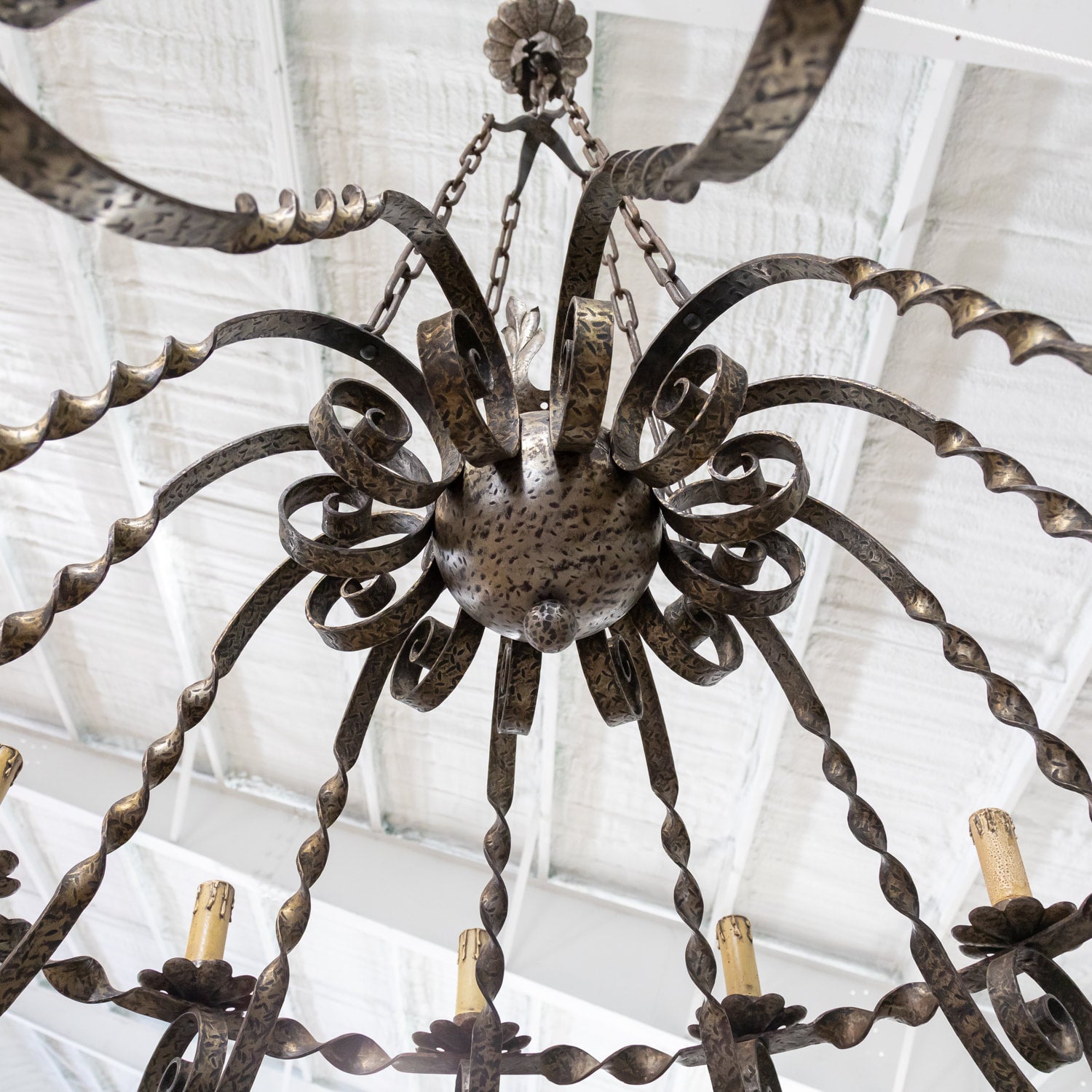Grand Antique French Twelve-Light Wrought Iron Chateau Chandelier