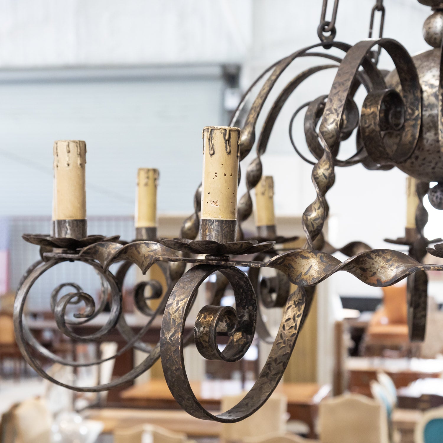 Grand Antique French Twelve-Light Wrought Iron Chateau Chandelier