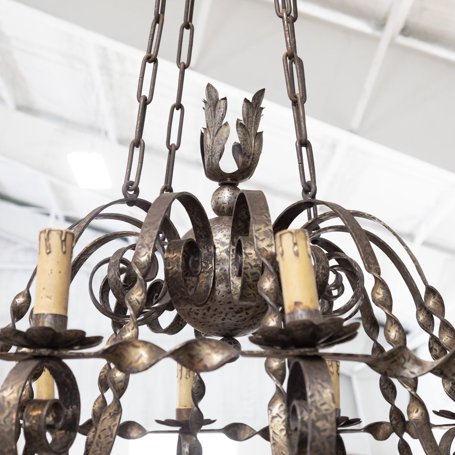 Grand Antique French Twelve-Light Wrought Iron Chateau Chandelier