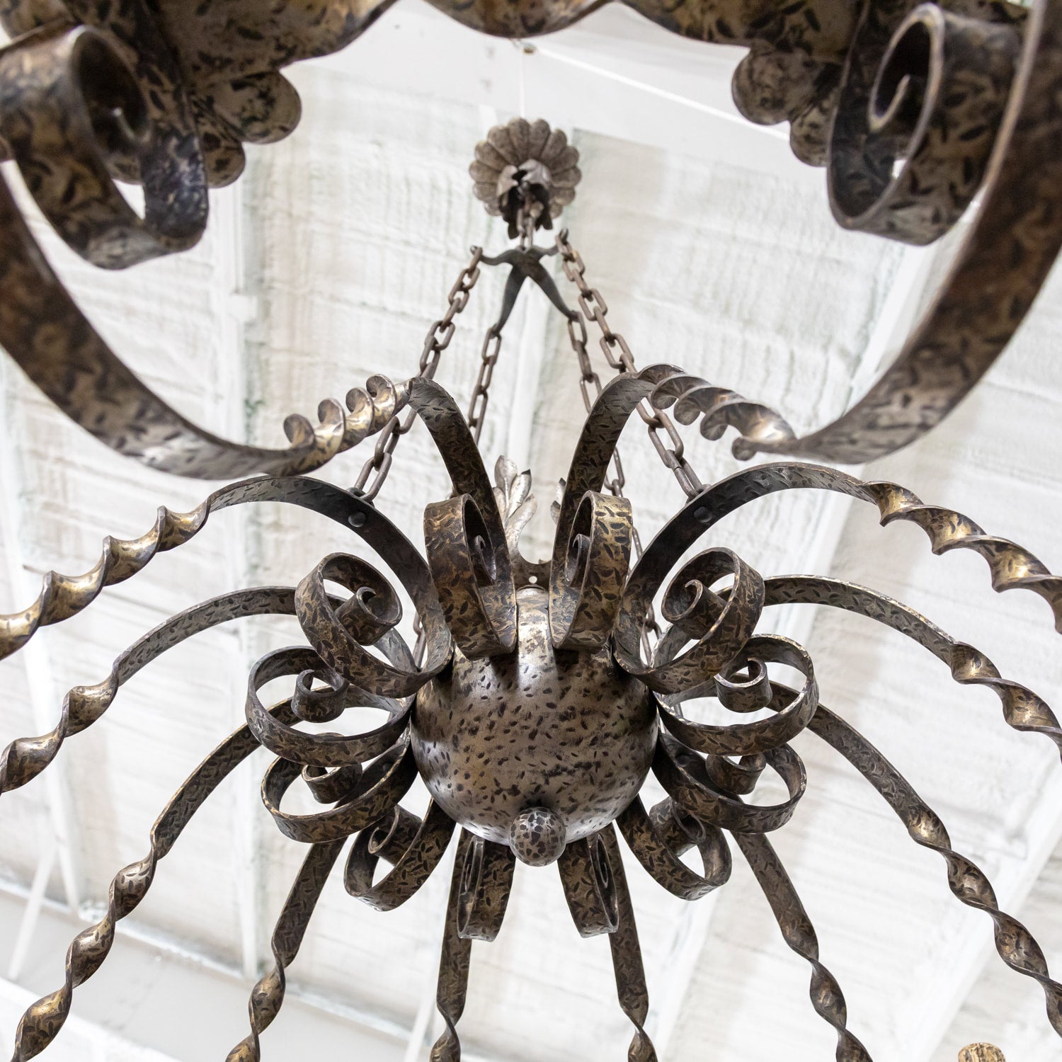 Grand Antique French Twelve-Light Wrought Iron Chateau Chandelier