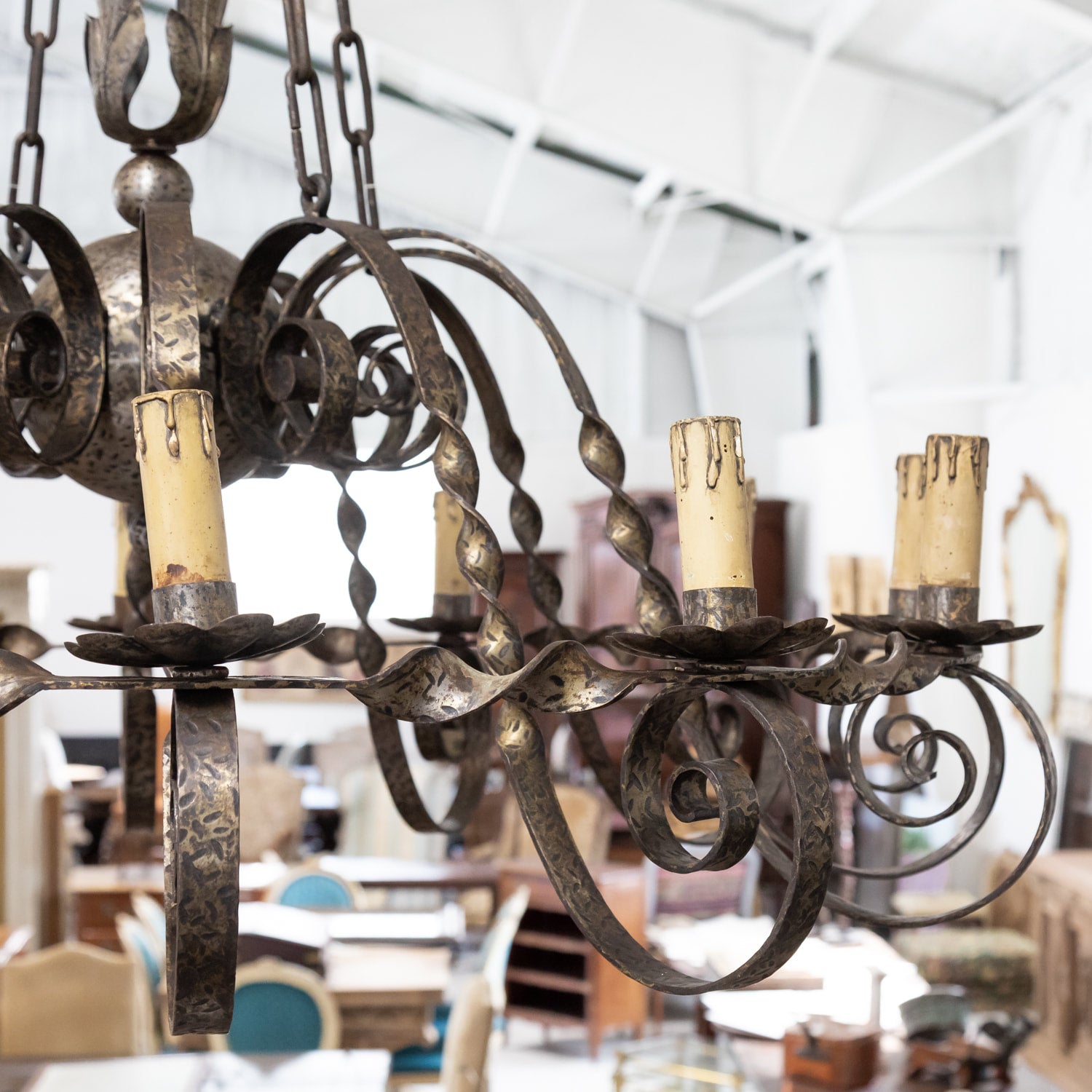 Grand Antique French Twelve-Light Wrought Iron Chateau Chandelier