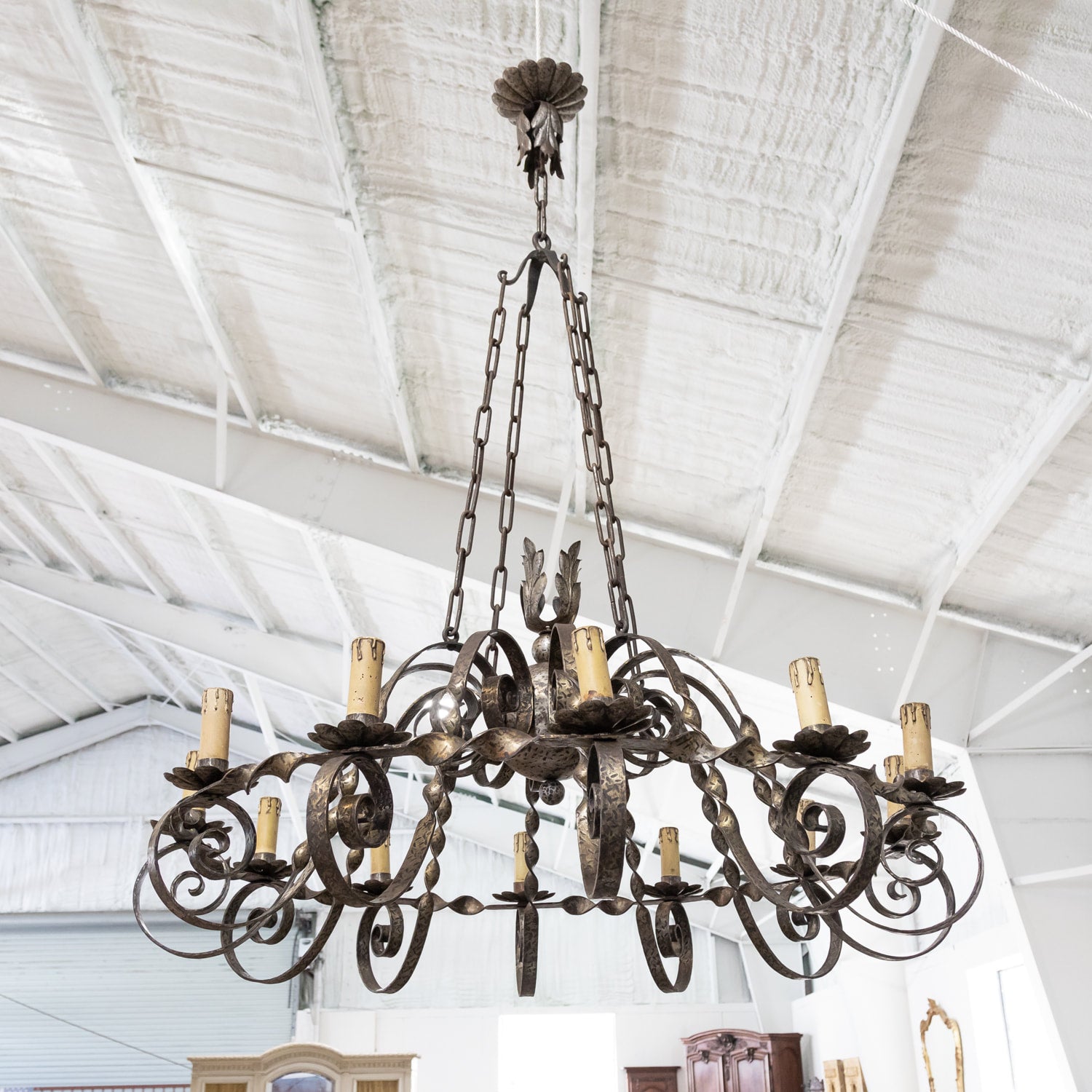 Grand Antique French Twelve-Light Wrought Iron Chateau Chandelier