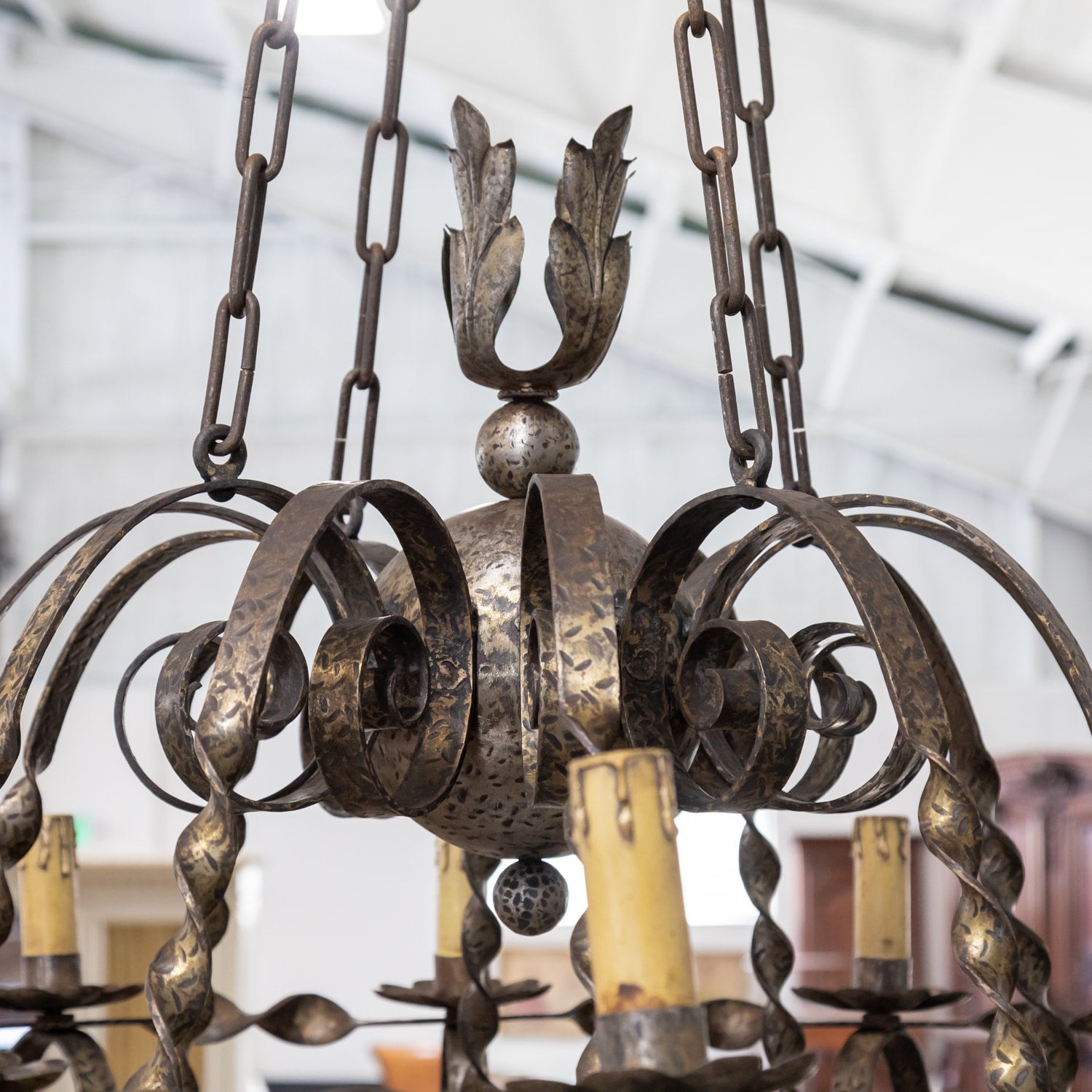 Grand Antique French Twelve-Light Wrought Iron Chateau Chandelier