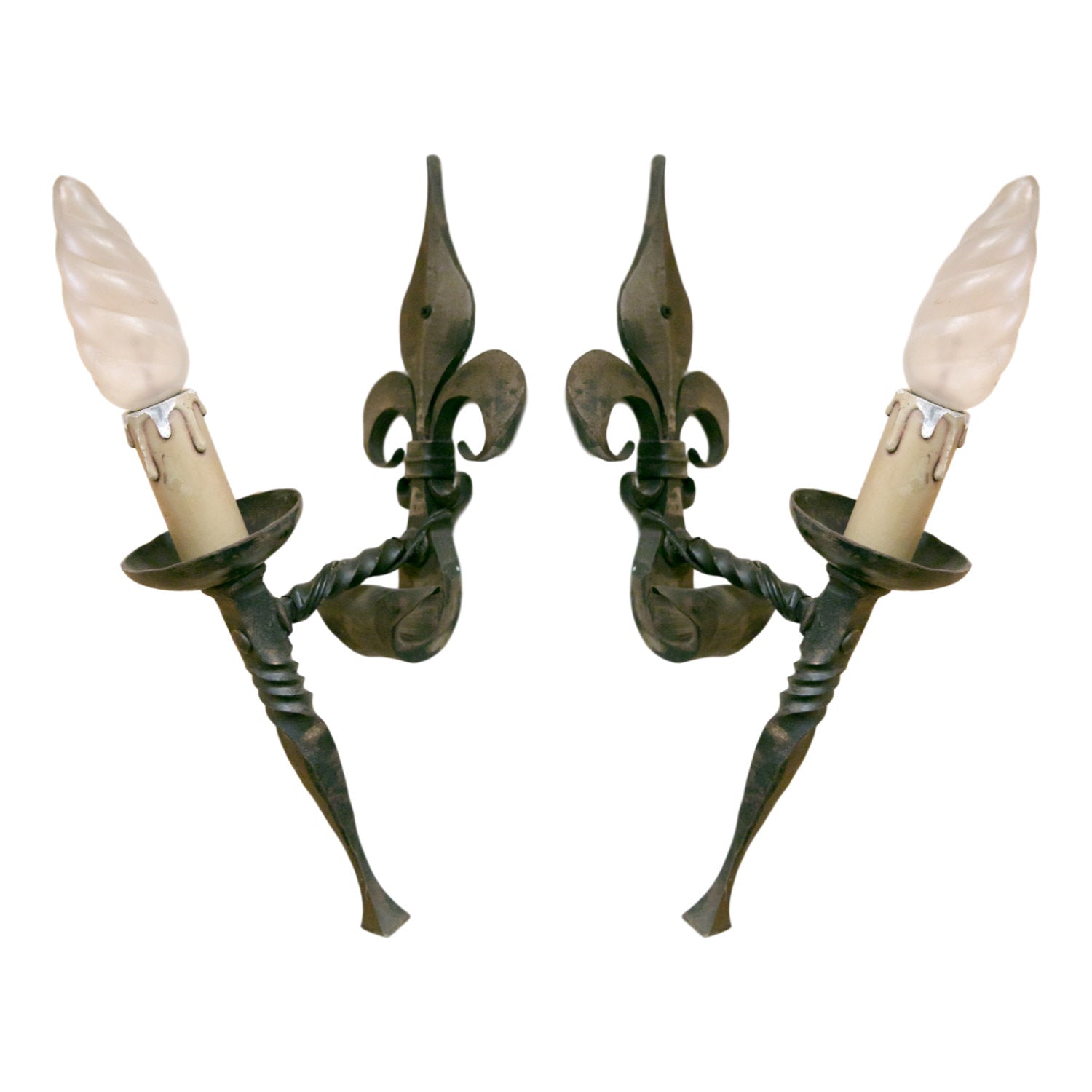 Pair of Country French Hand Forged Iron Fleur de Lis Sconces