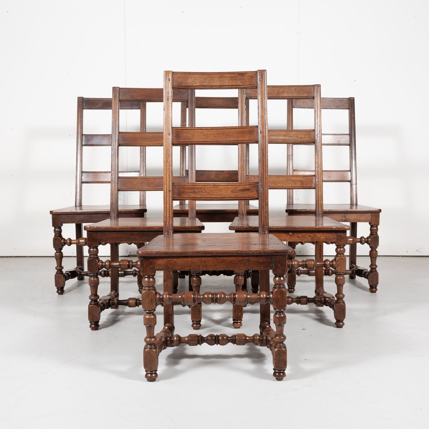 Set of Six 19th Century French Louis XIV Style Ladder Back Dining Chairs