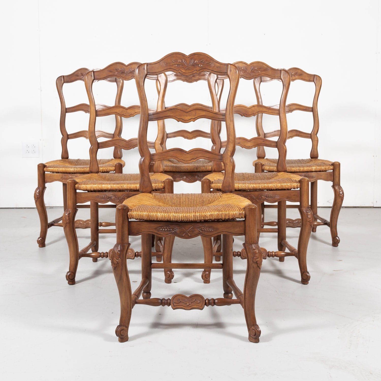 French Louis XV Style Provencal Ladder Back Rush Seat Chairs, Set of Six