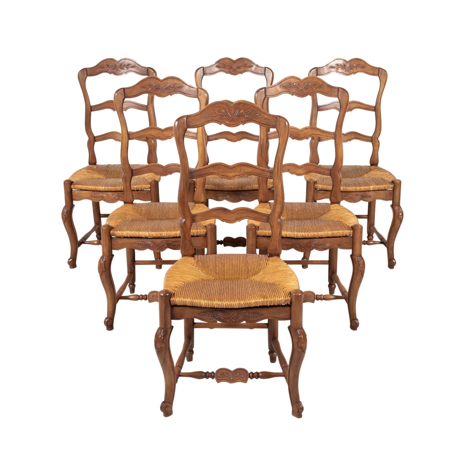 French Louis XV Style Provencal Ladder Back Rush Seat Chairs, Set of Six