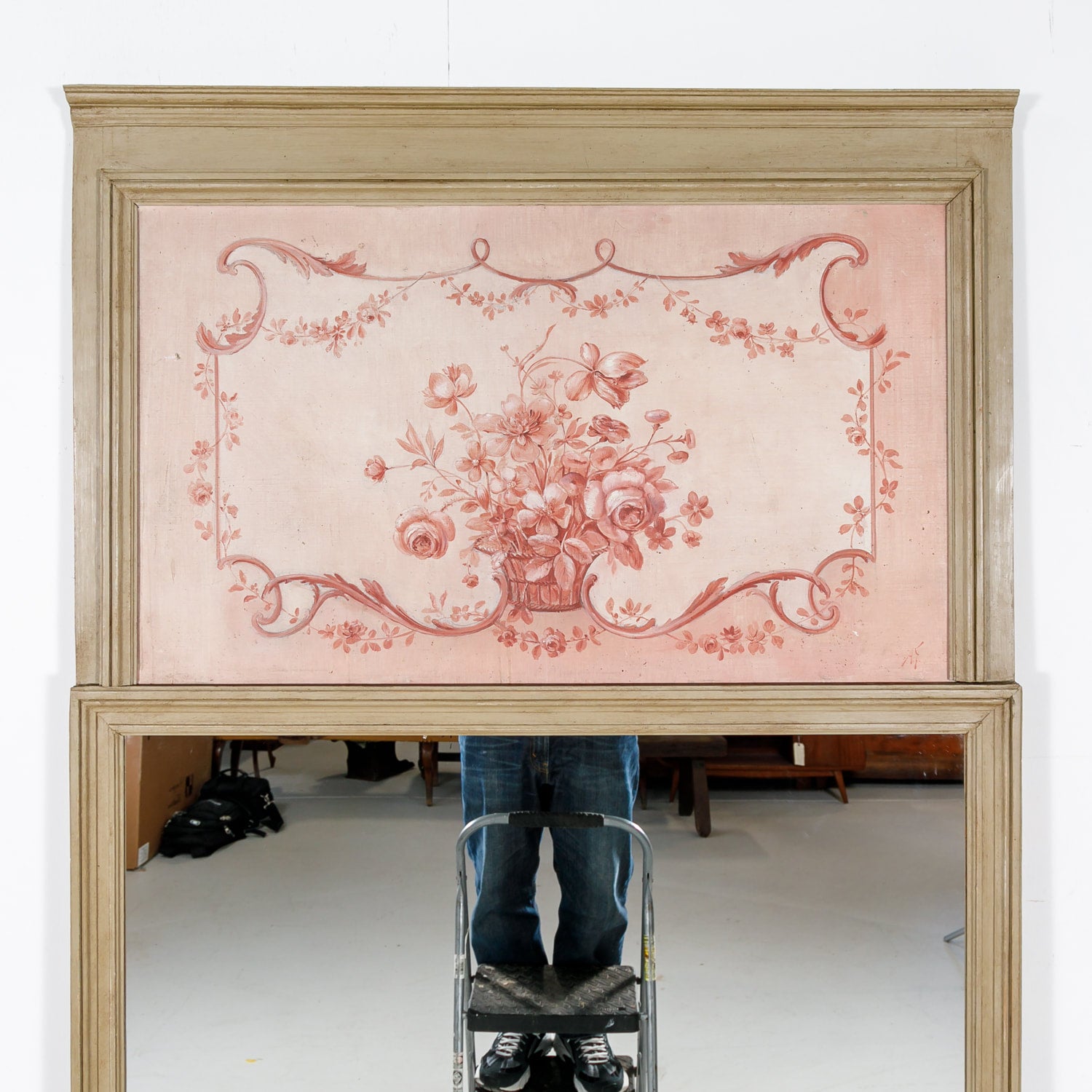 19th Century French Louis XVI Style Painted Trumeau Mirror with Monochromatic Oil Painting