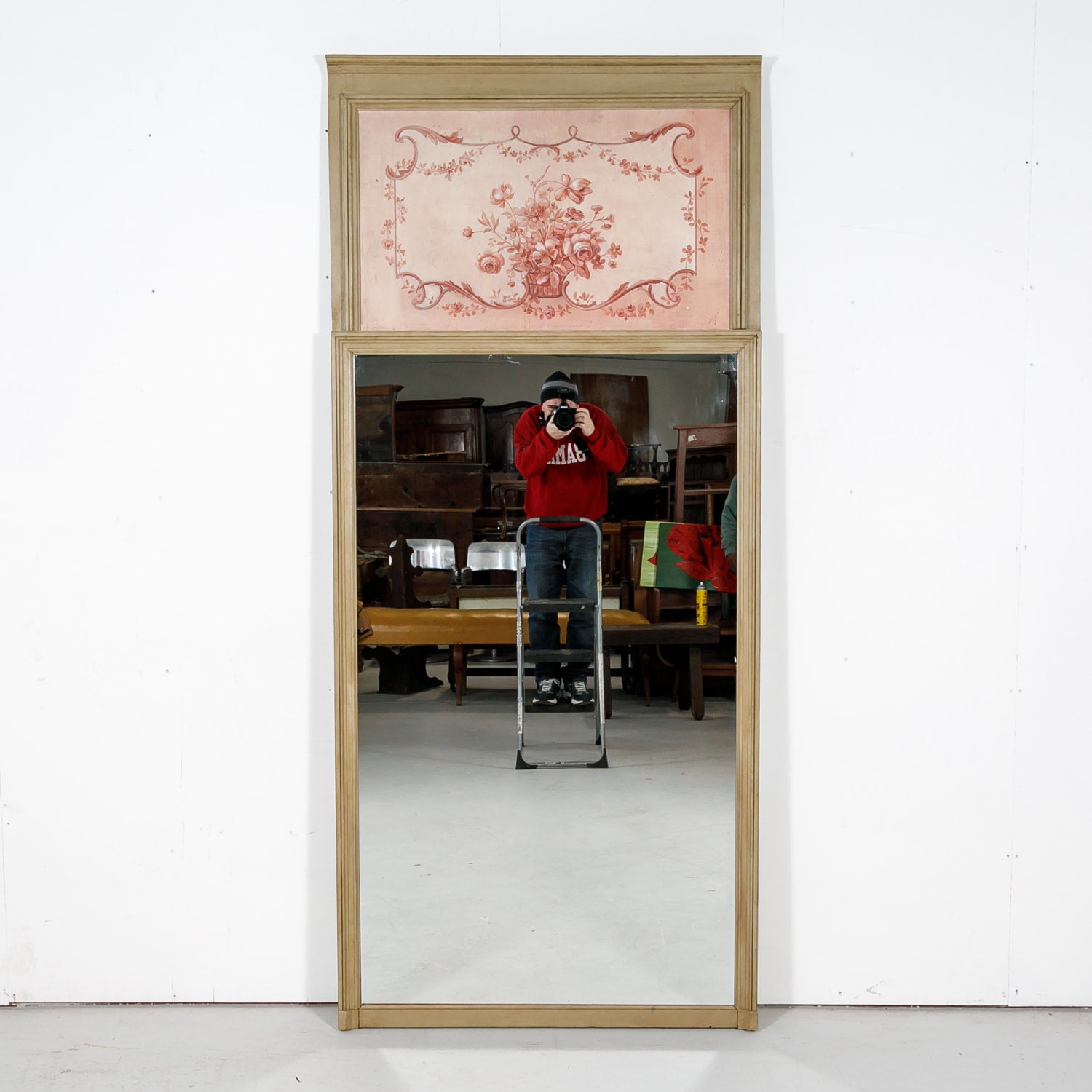 19th Century French Louis XVI Style Painted Trumeau Mirror with Monochromatic Oil Painting