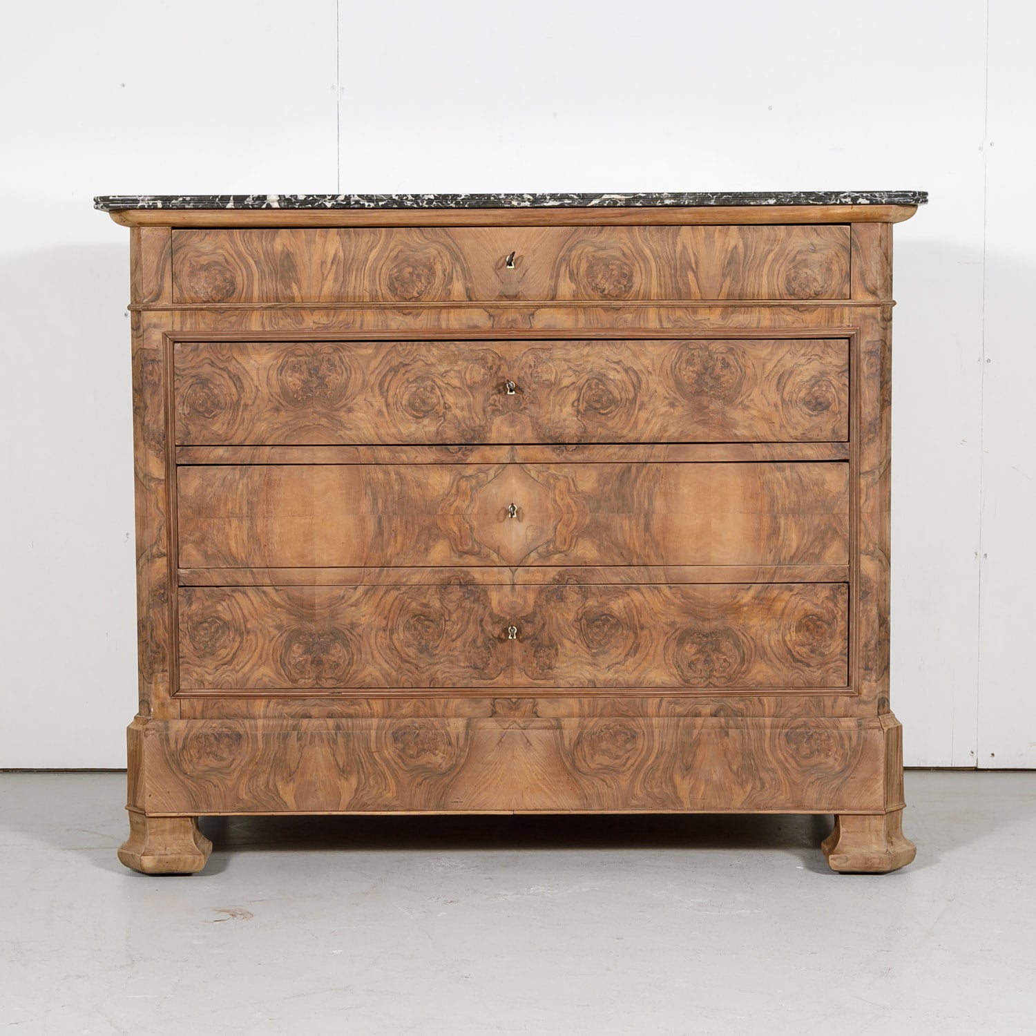 French Period Louis Philippe Bleached Commode with Bookmatched Front and Marble Top