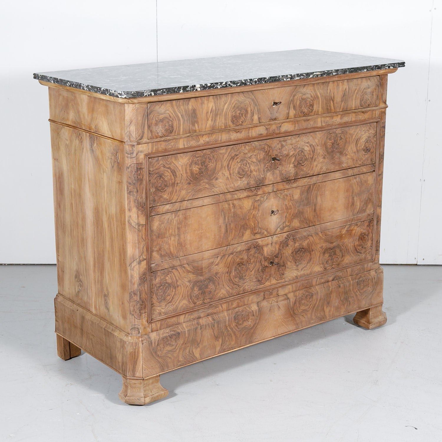 French Period Louis Philippe Bleached Commode with Bookmatched Front and Marble Top