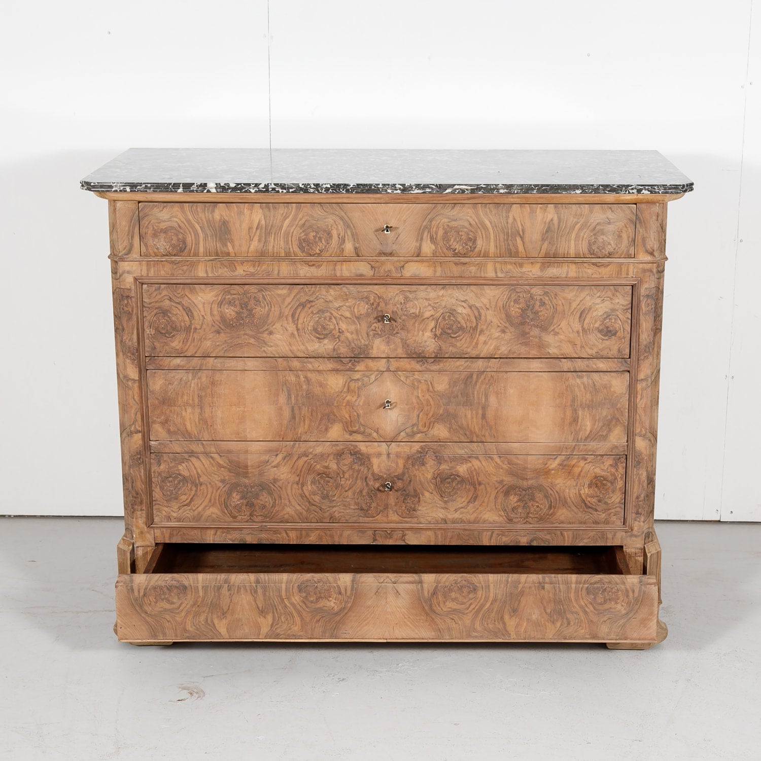 French Period Louis Philippe Bleached Commode with Bookmatched Front and Marble Top