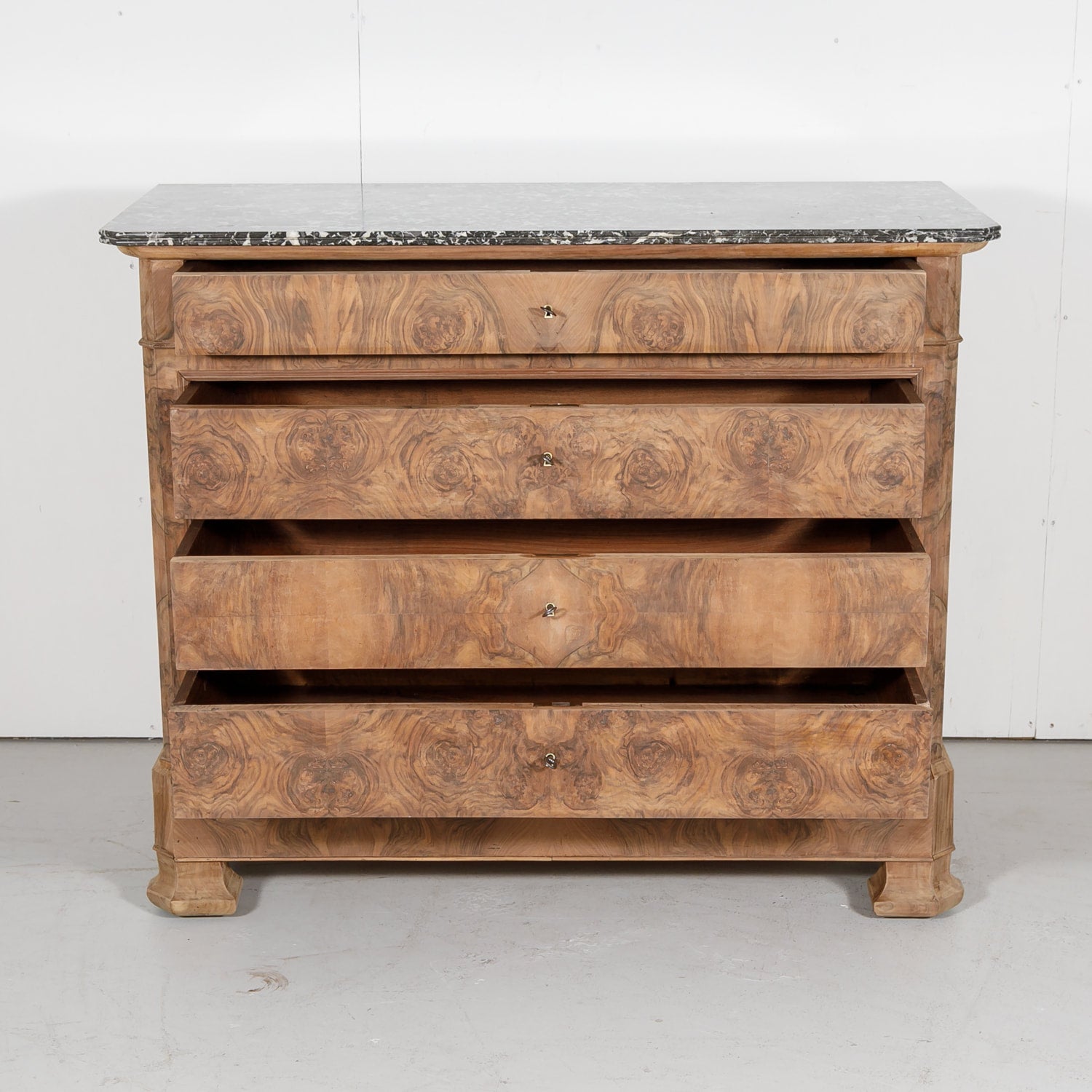 French Period Louis Philippe Bleached Commode with Bookmatched Front and Marble Top