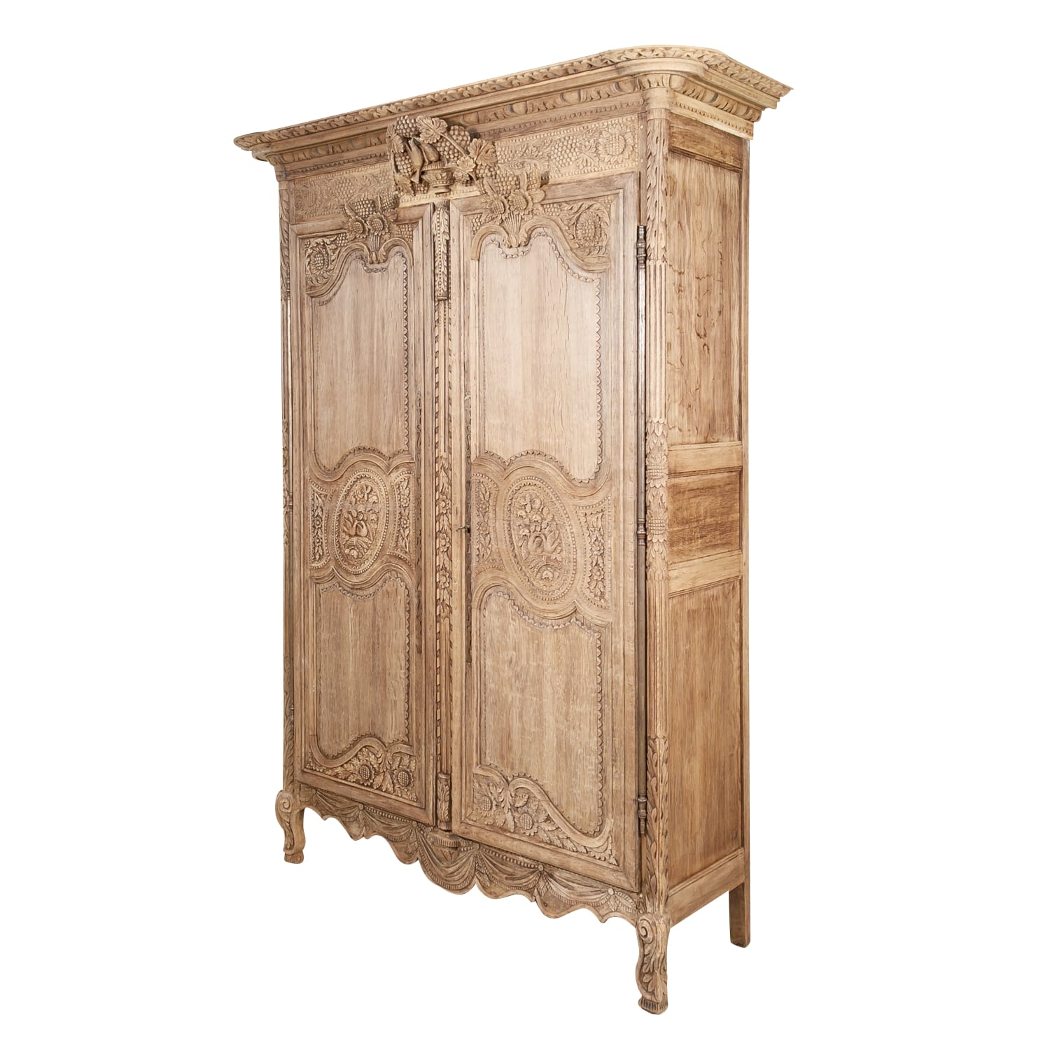 Early 19th Century French Country Louis XV Style Bleached Oak Normandy Wedding Armoire 