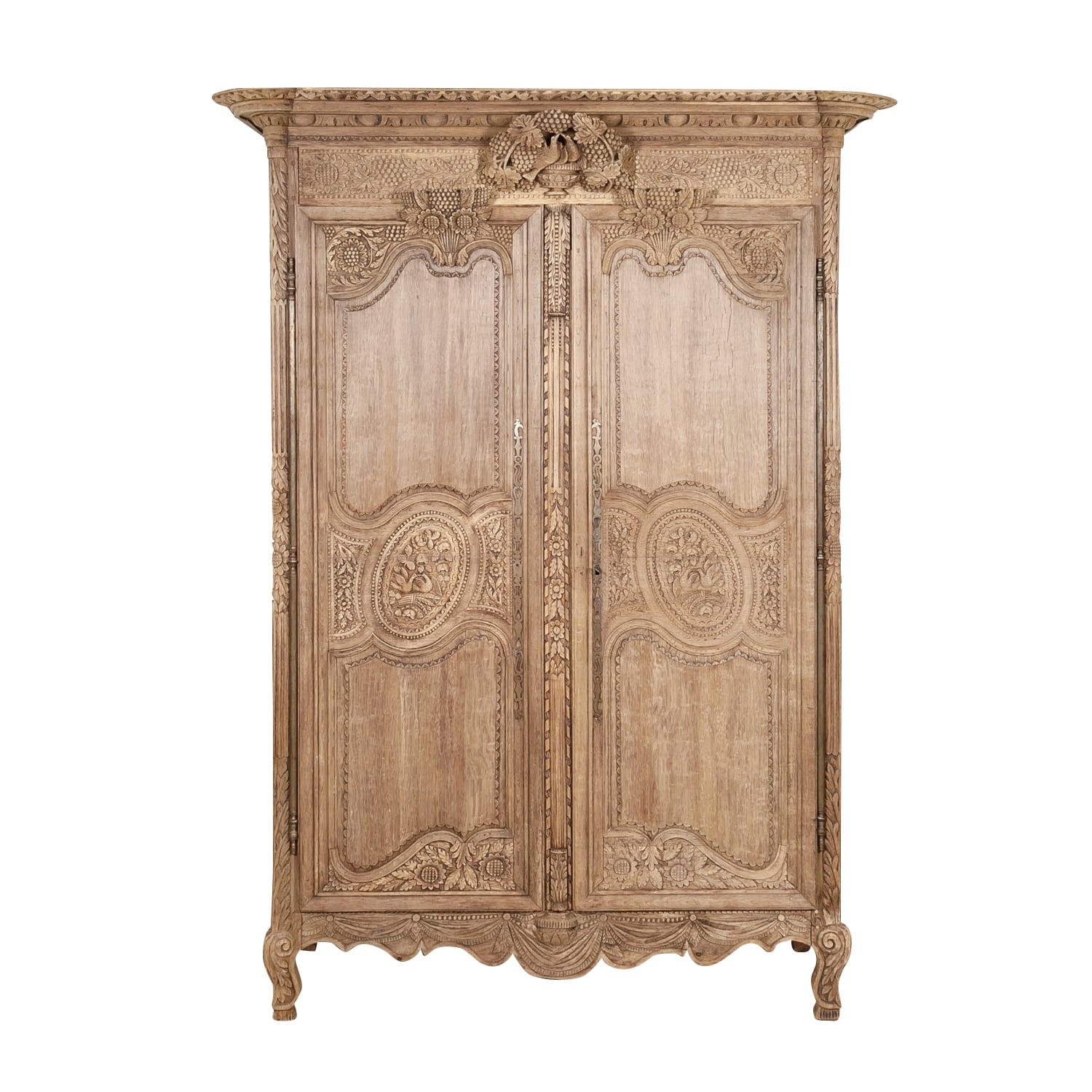 Early 19th Century French Country Louis XV Style Bleached Oak Normandy Wedding Armoire 