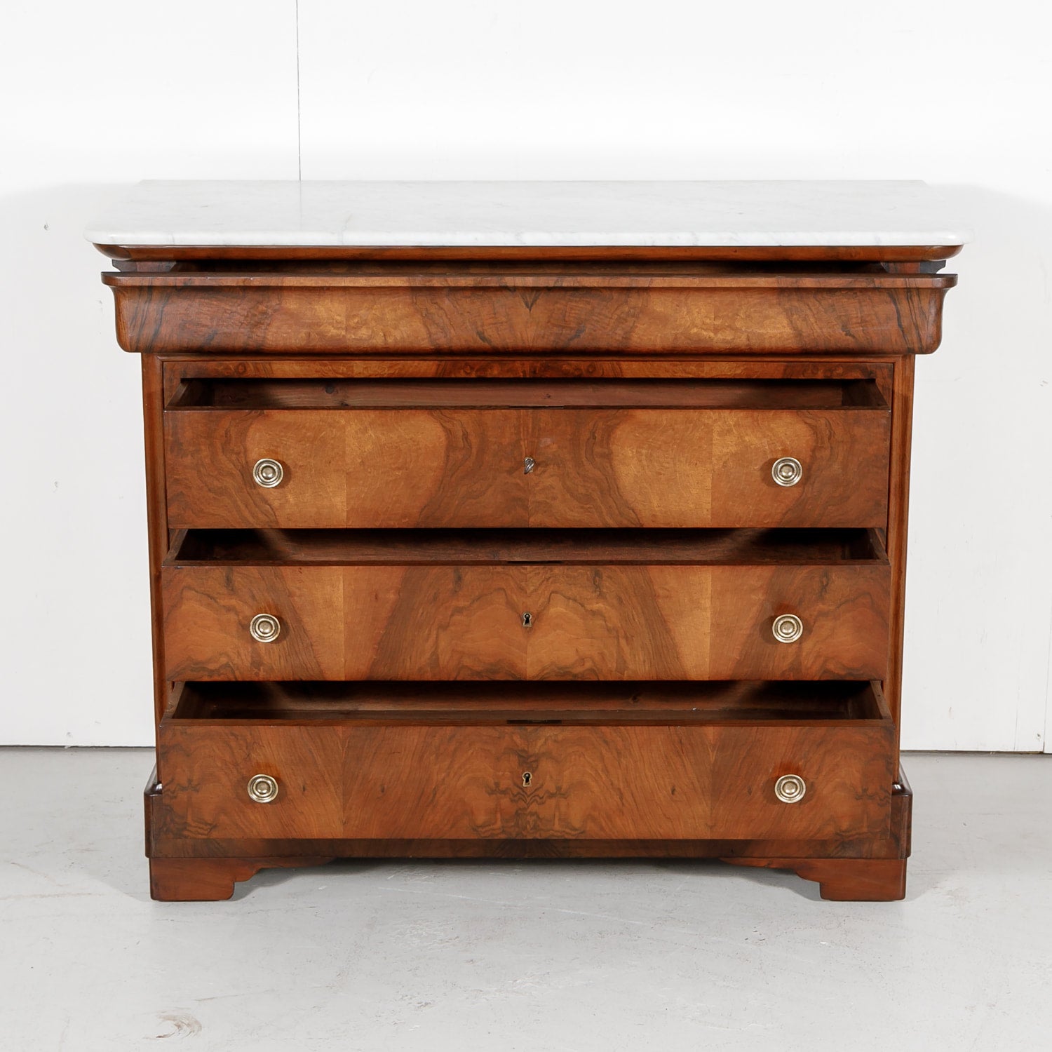 French Louis Philippe Period Walnut Commode with Bookmatch Front and Marble Top