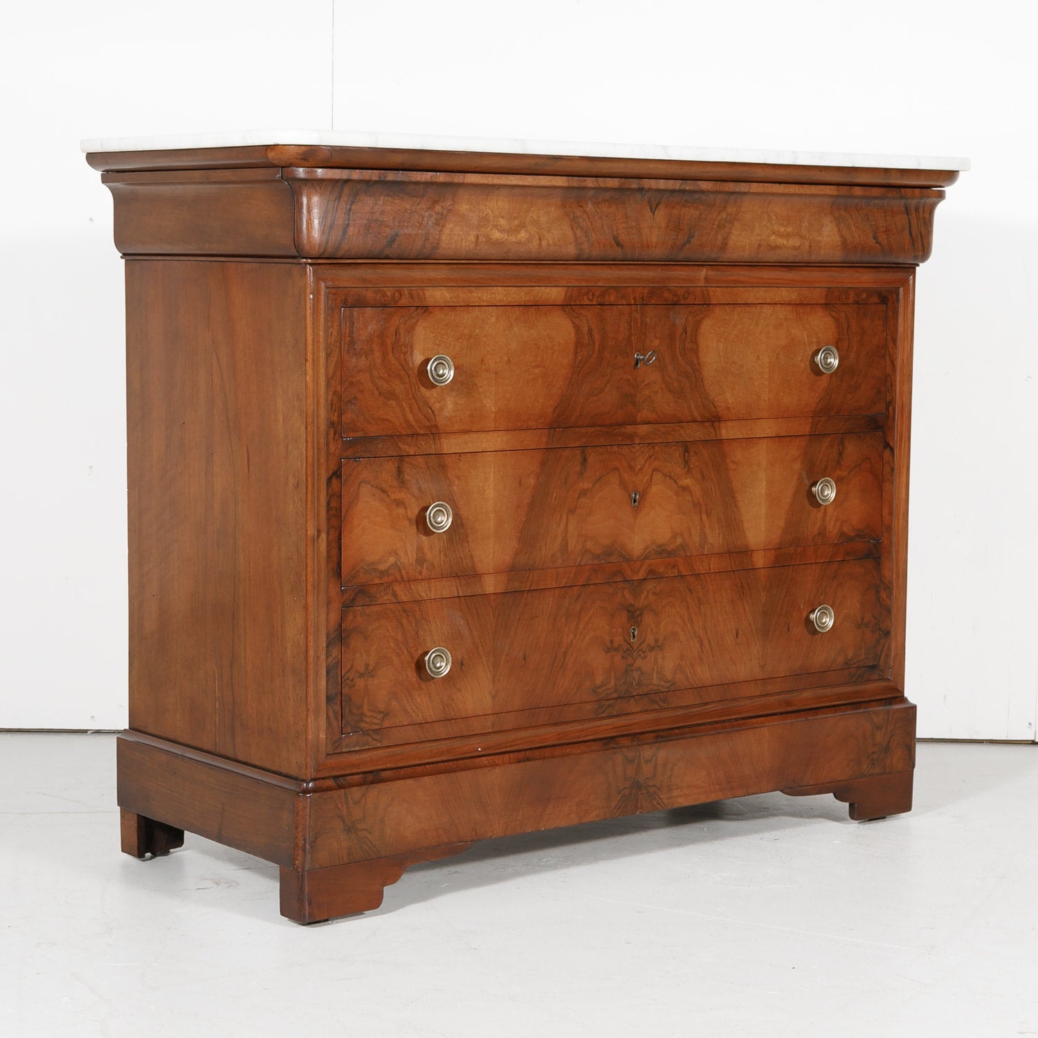 French Louis Philippe Period Walnut Commode with Bookmatch Front and Marble Top