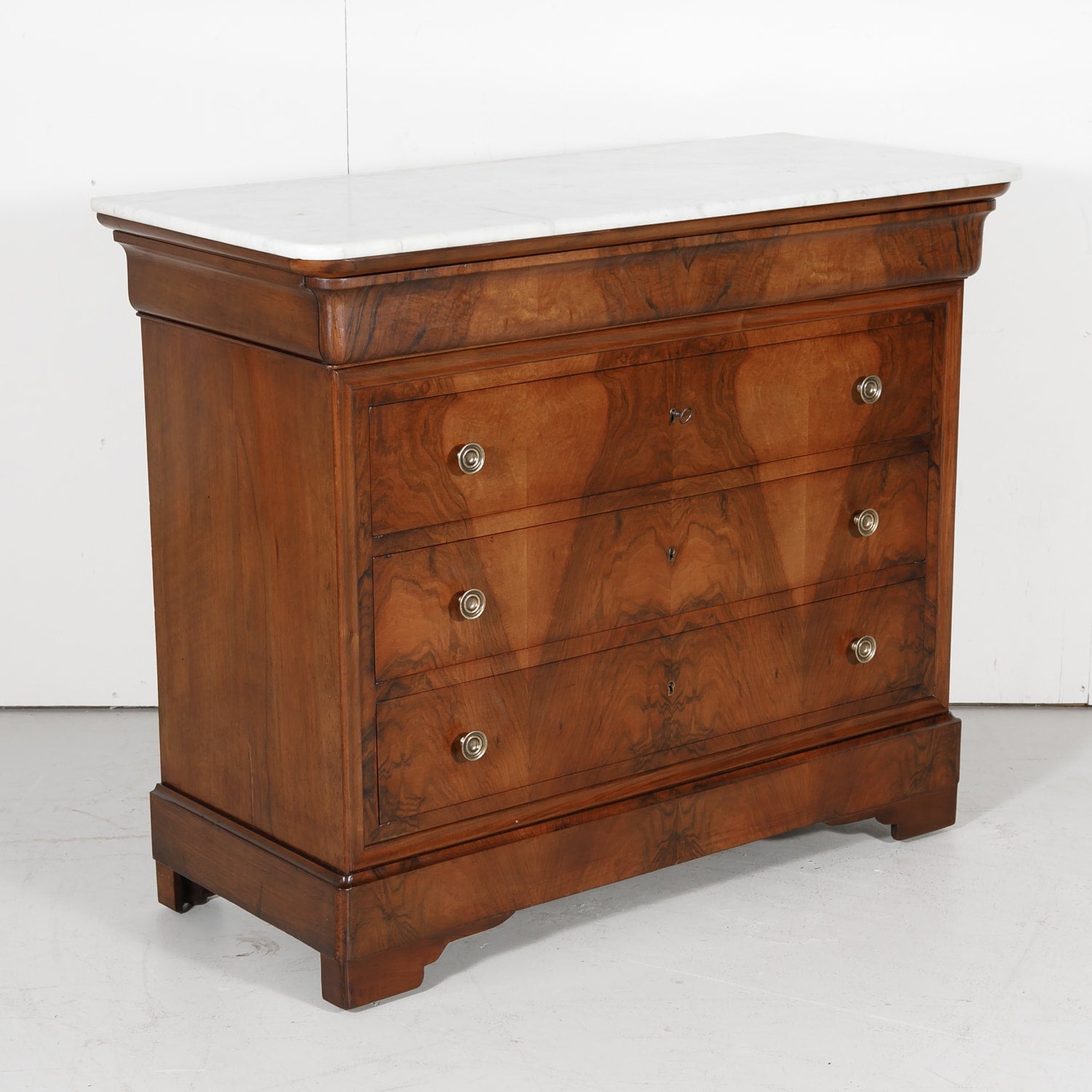 French Louis Philippe Period Walnut Commode with Bookmatch Front and Marble Top