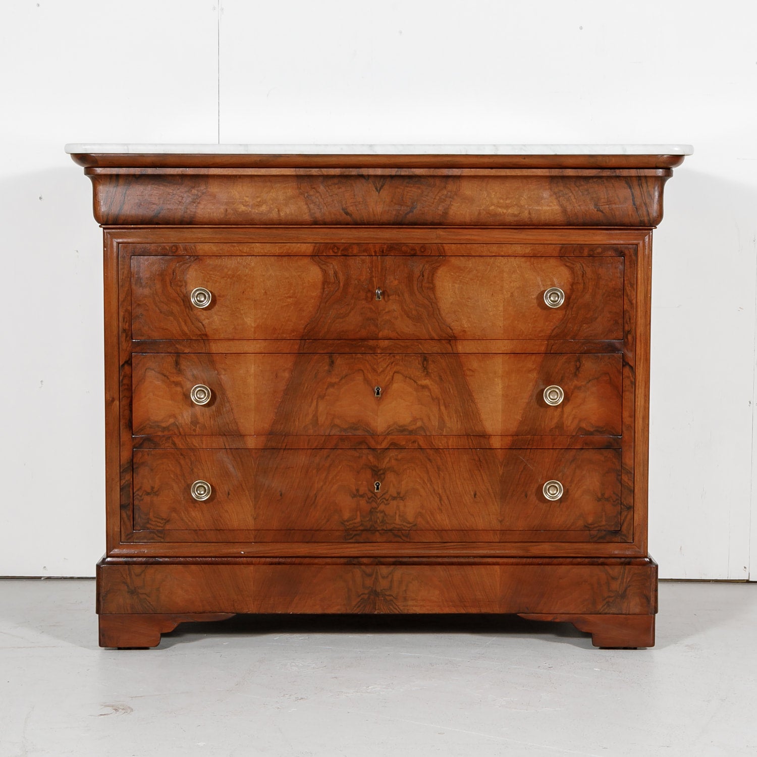 French Louis Philippe Period Walnut Commode with Bookmatch Front and Marble Top