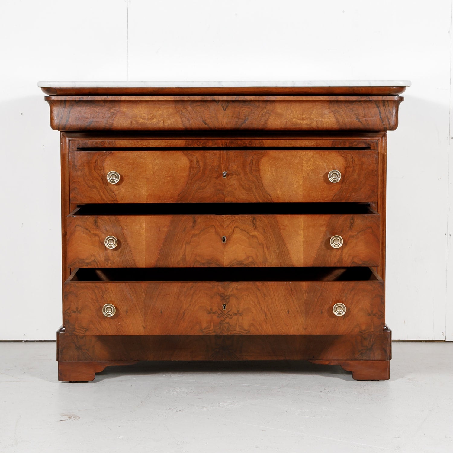 French Louis Philippe Period Walnut Commode with Bookmatch Front and Marble Top