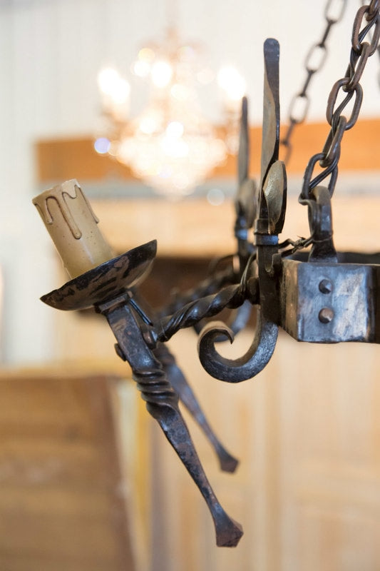 Country French Four-Light Hand Forged Iron Fleur de Lis Chandelier