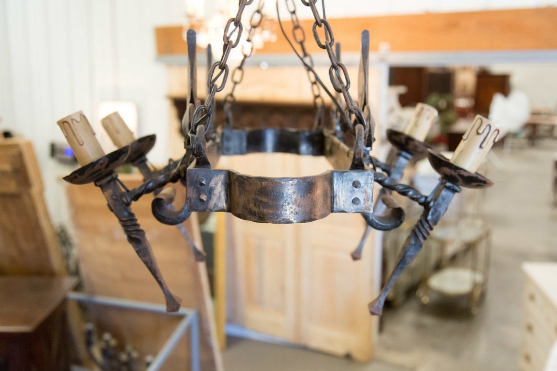 Country French Four-Light Hand Forged Iron Fleur de Lis Chandelier