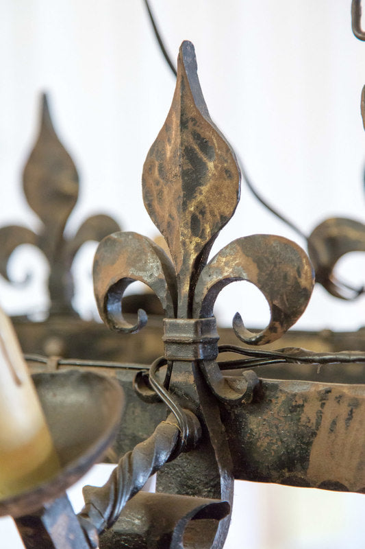 Country French Four-Light Hand Forged Iron Fleur de Lis Chandelier