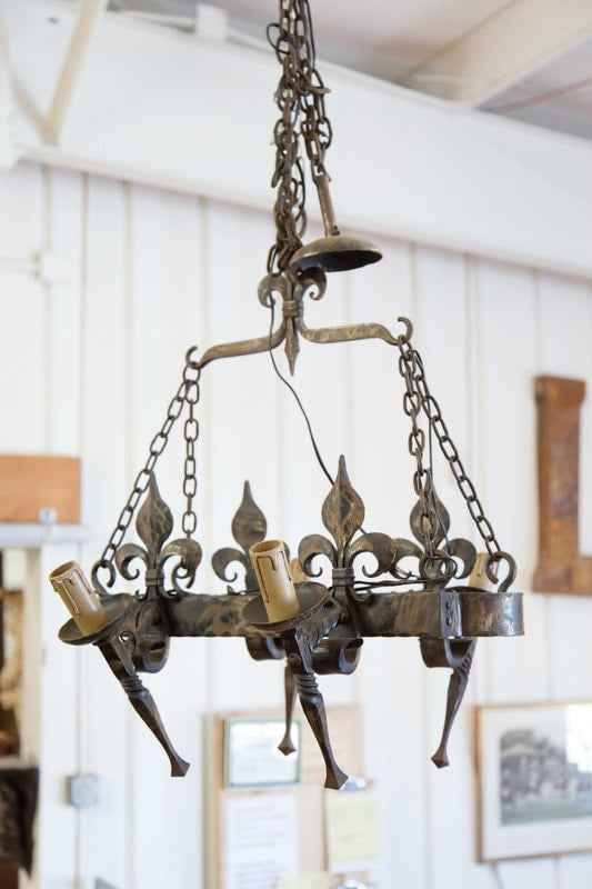 Country French Four-Light Hand Forged Iron Fleur de Lis Chandelier