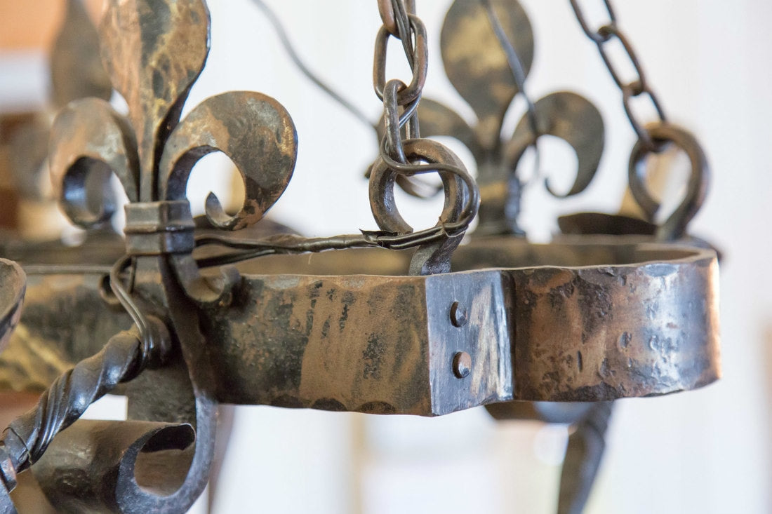 Country French Four-Light Hand Forged Iron Fleur de Lis Chandelier