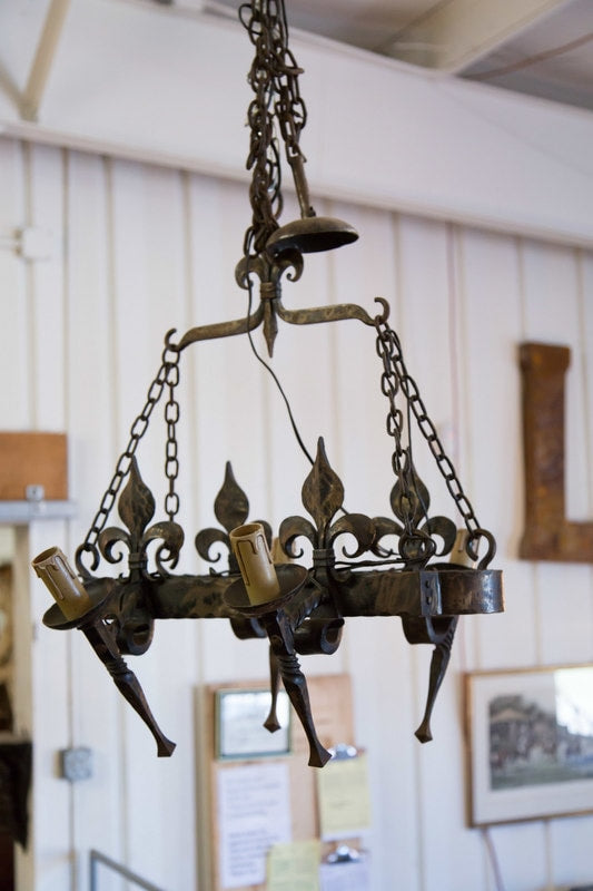 Country French Four-Light Hand Forged Iron Fleur de Lis Chandelier