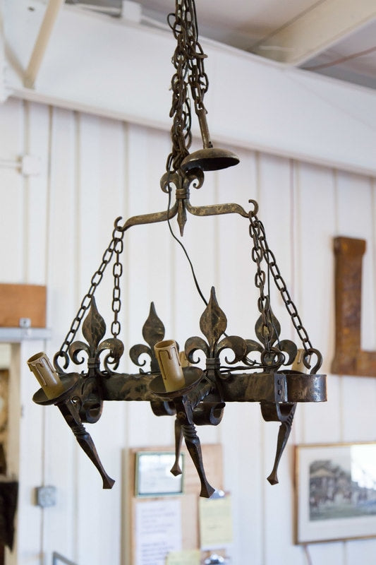 Country French Four-Light Hand Forged Iron Fleur de Lis Chandelier