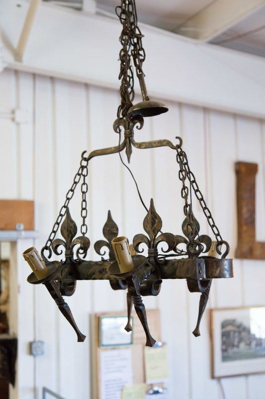 Country French Four-Light Hand Forged Iron Fleur de Lis Chandelier