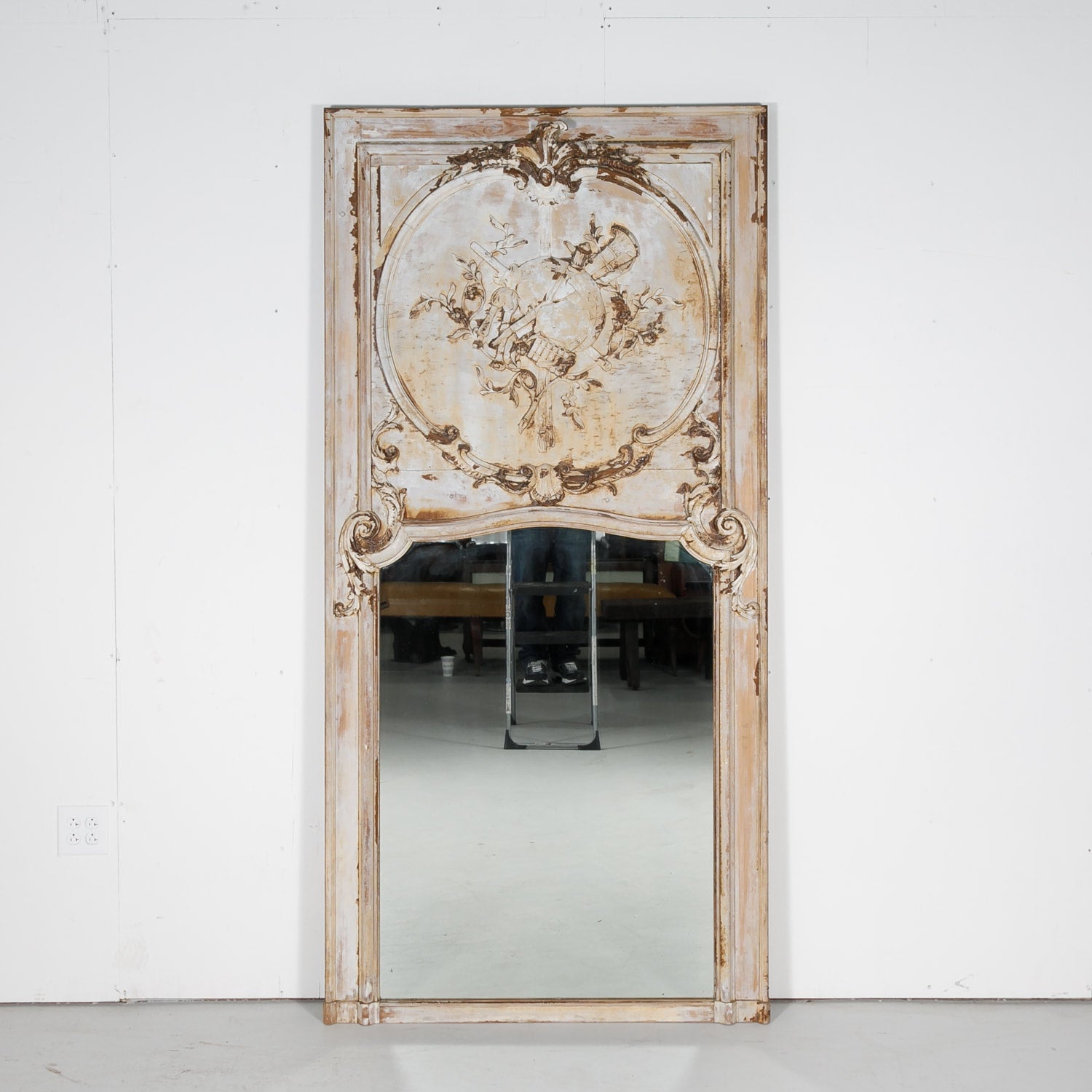 19th Century French Louis XV Style Painted Trumeau Mirror with Musical Instruments