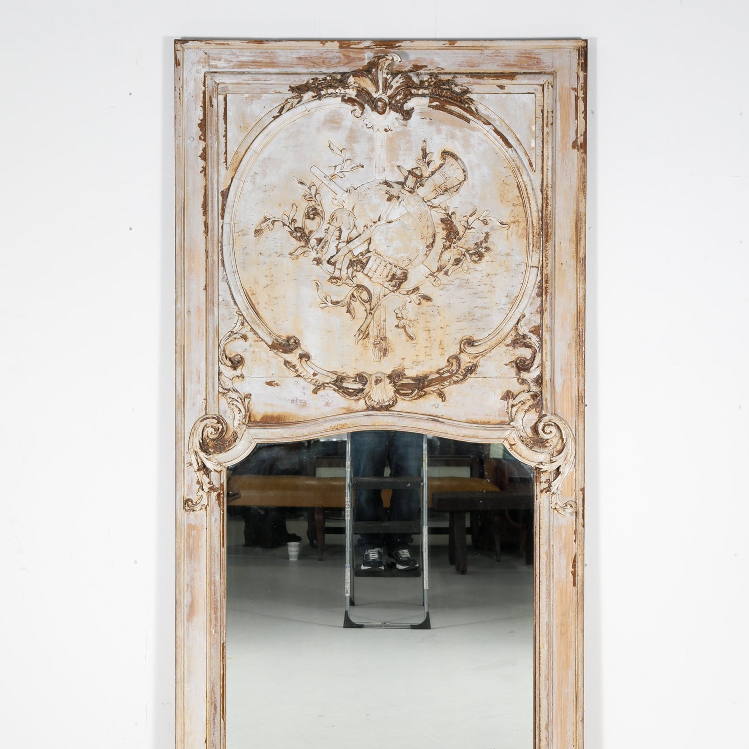 19th Century French Louis XV Style Painted Trumeau Mirror with Musical Instruments