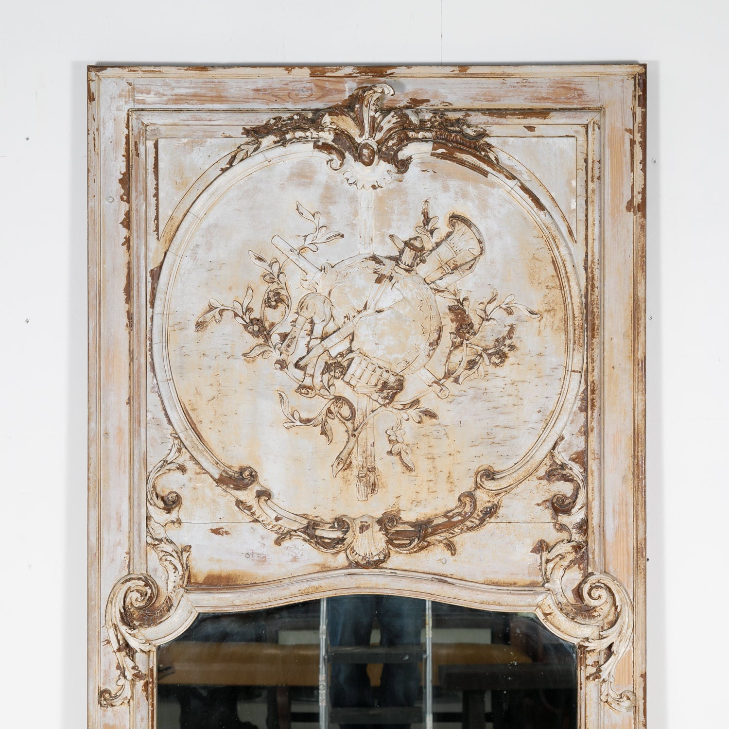 19th Century French Louis XV Style Painted Trumeau Mirror with Musical Instruments